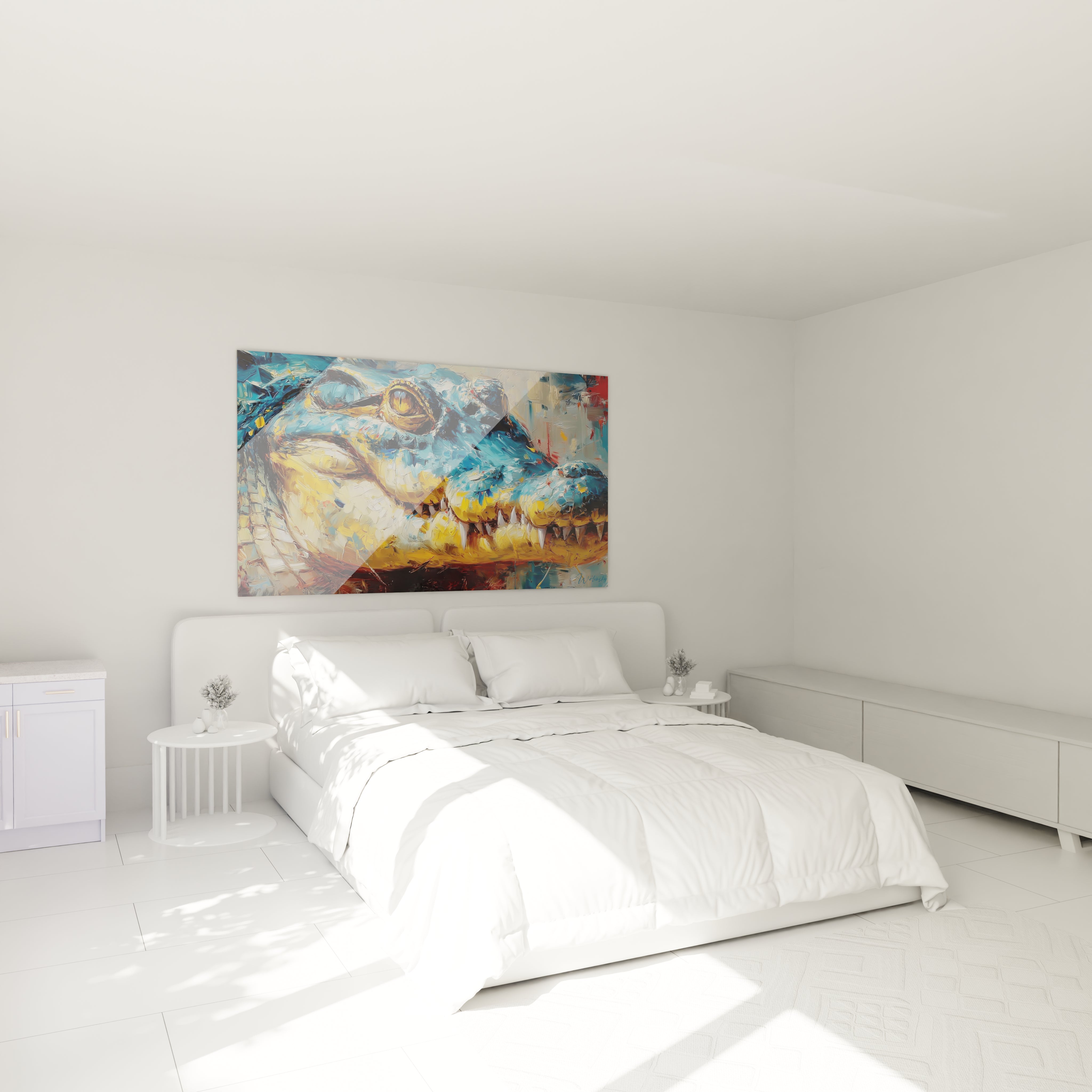 Tableau crocodile décoratif dans chambre moderne, art mural animalier contemporain Kaprosuchus