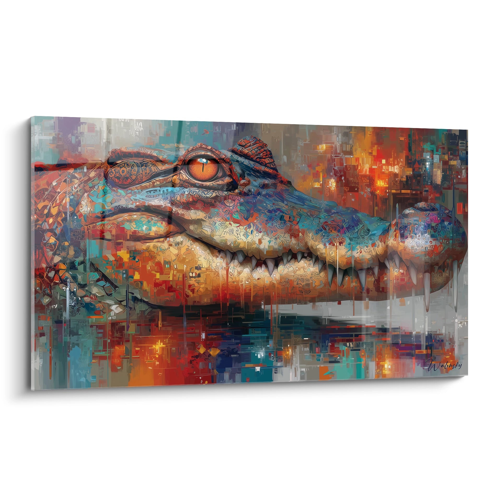 Tableau crocodile digital art mosaïque abstraite aux couleurs vibrantes orange et turquoise