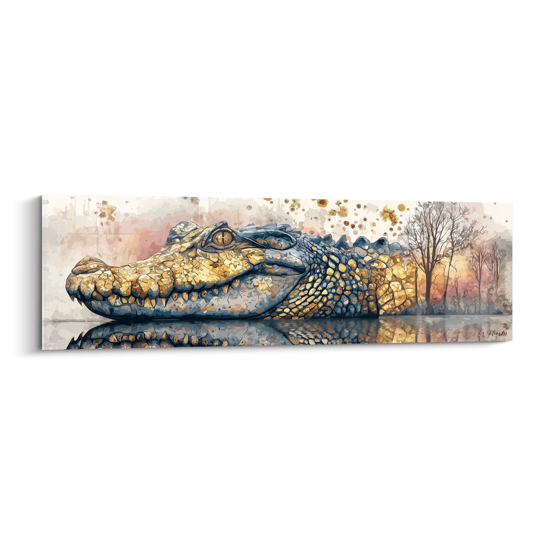 Tableau crocodile doré avec reflets dans l'eau, art mural Kaprosuchus aux tons chauds