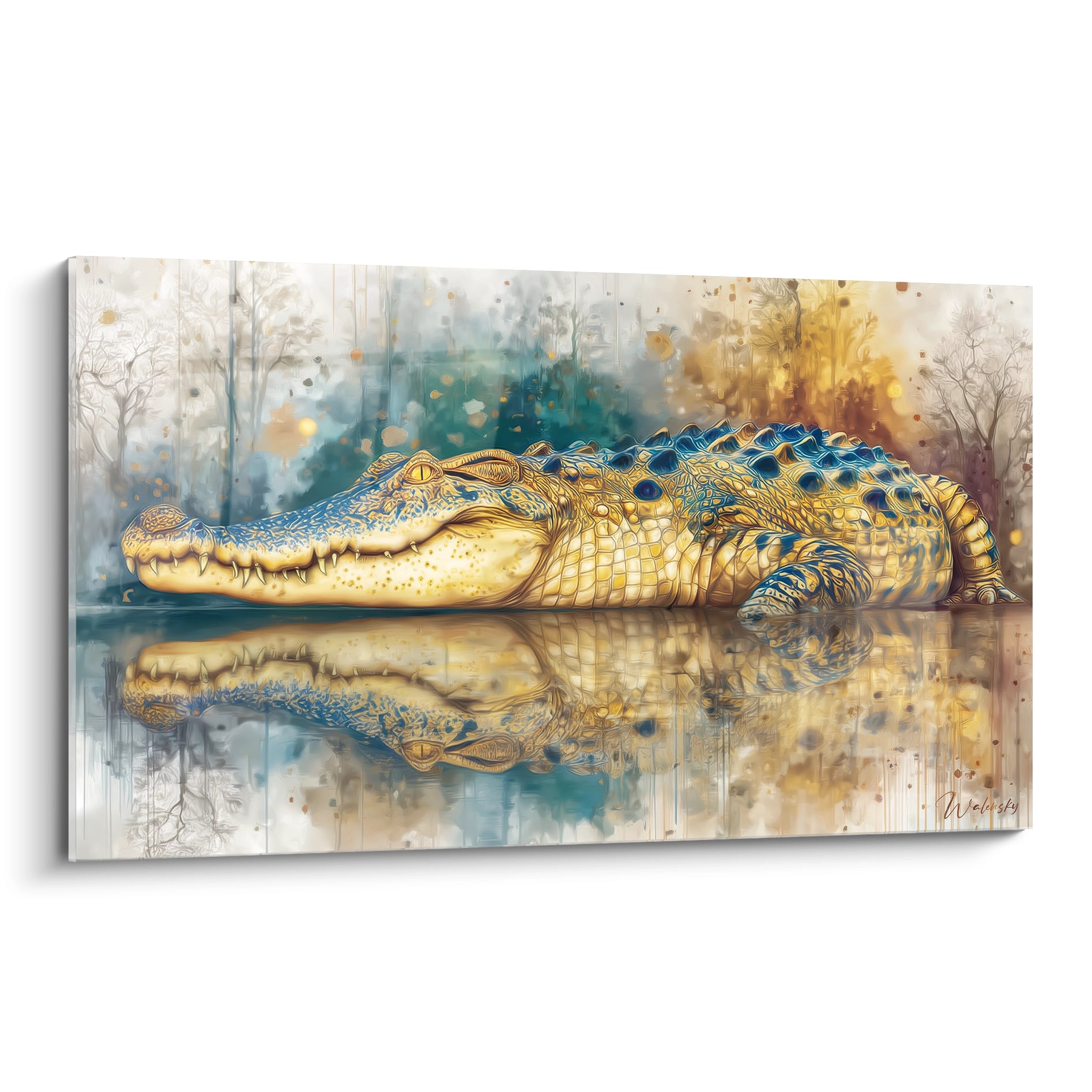 Tableau crocodile doré aux écailles bleues et reflets dans l'eau, art mural Kaprosuchus premium