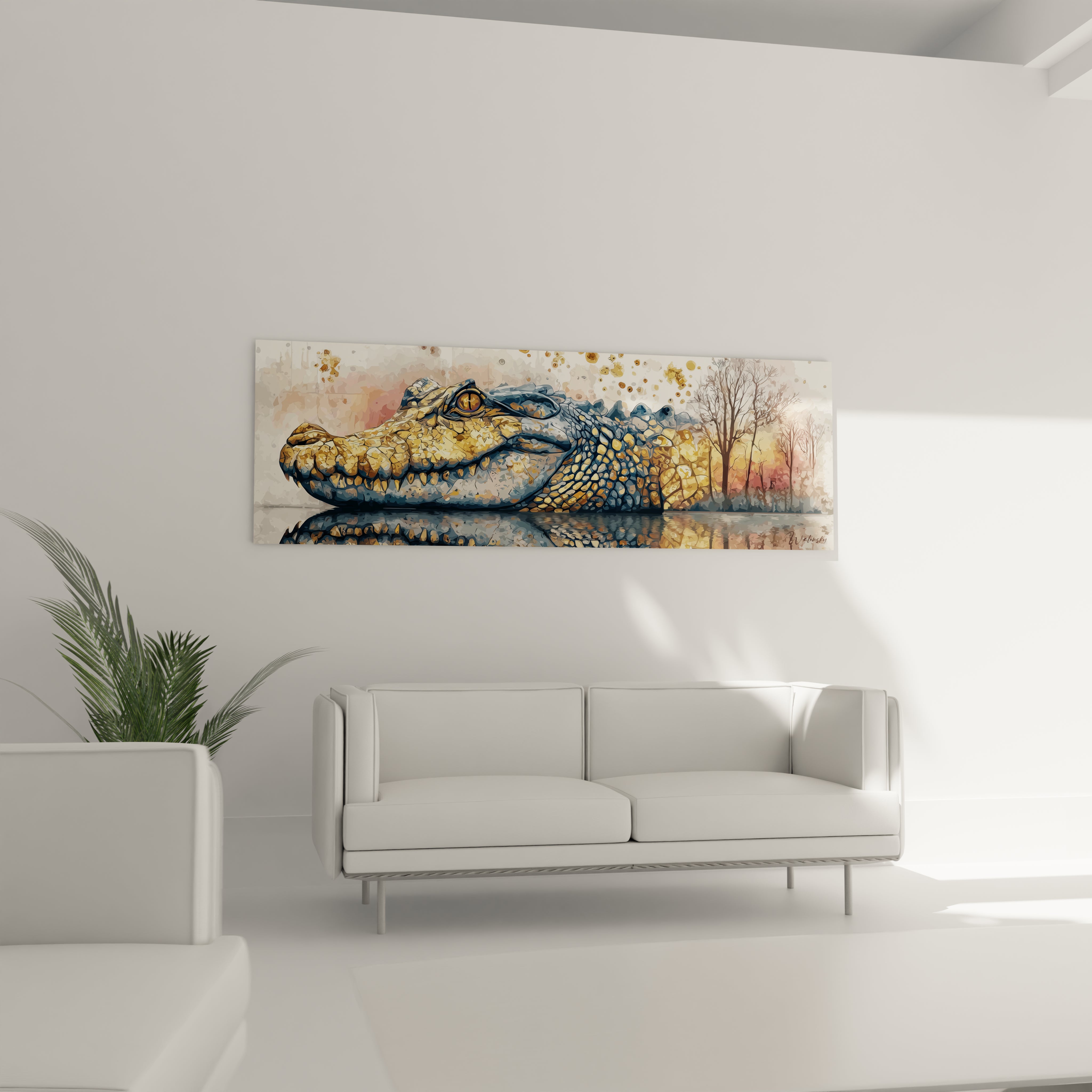 Gros plan tableau crocodile montrant détails écailles dorées et œil reptile artistique