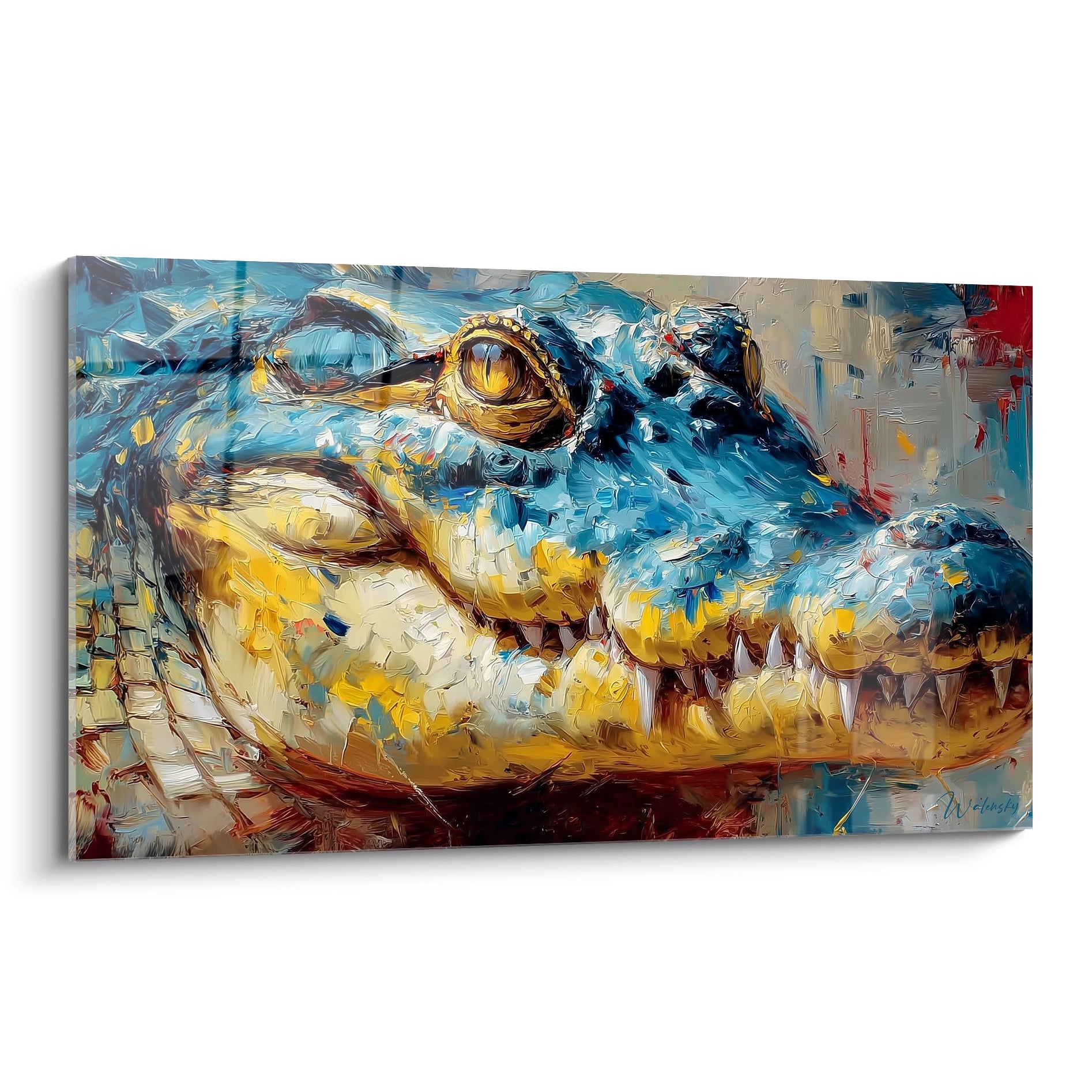 Tableau mural crocodile expressionniste aux tons bleus et dorés, style moderne, édition Kaprosuchus