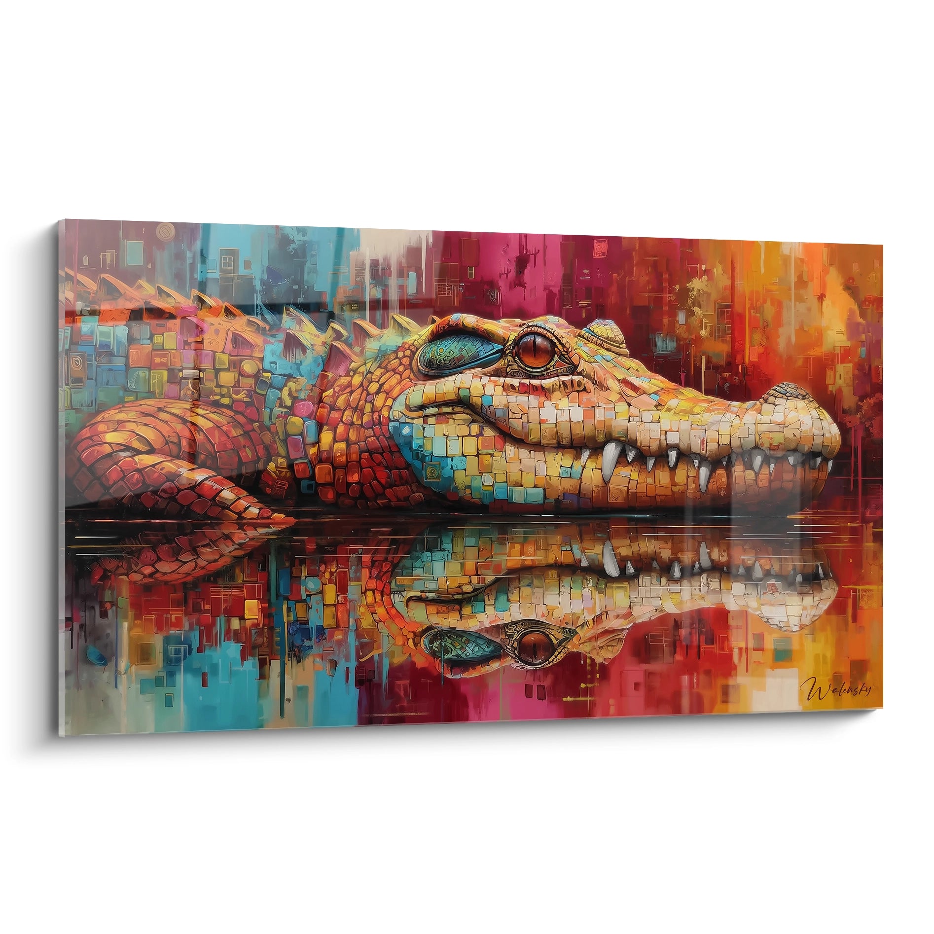 Tableau crocodile multicolore avec reflets, art mural moderne édition Kaprosuchus pour décoration contemporaine