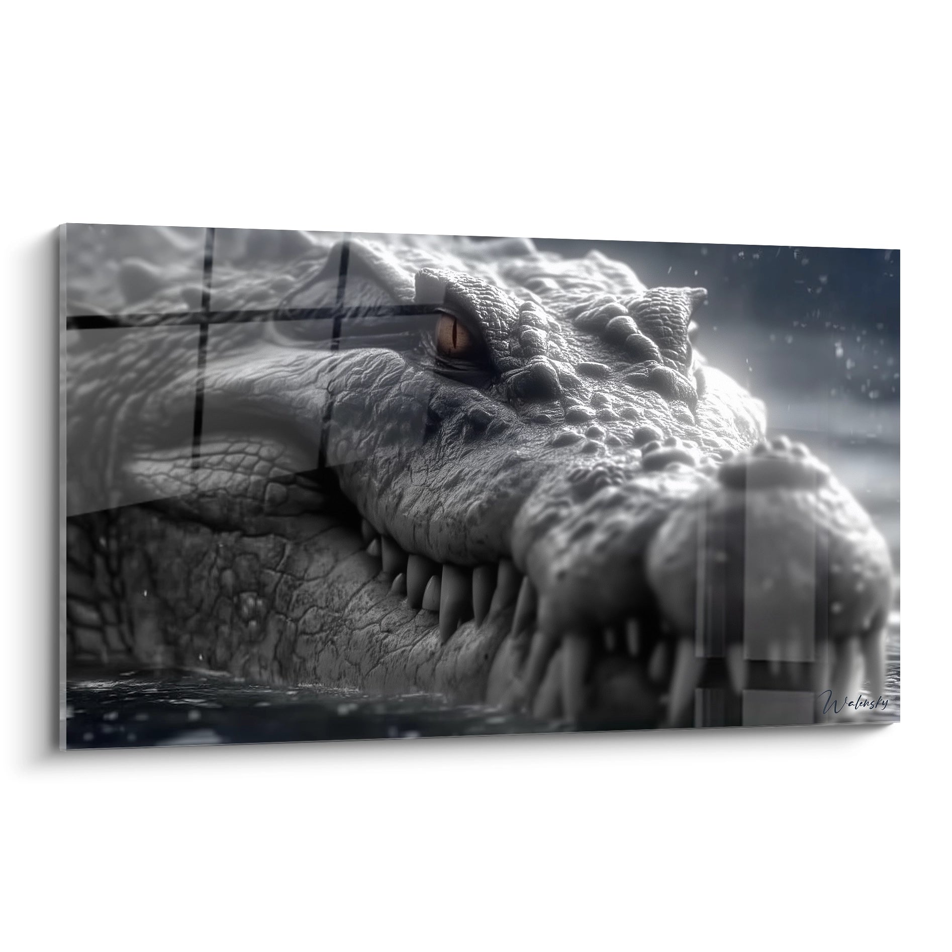 Tableau mural crocodile préhistorique Kaprosuchus en noir et blanc avec œil doré saisissant