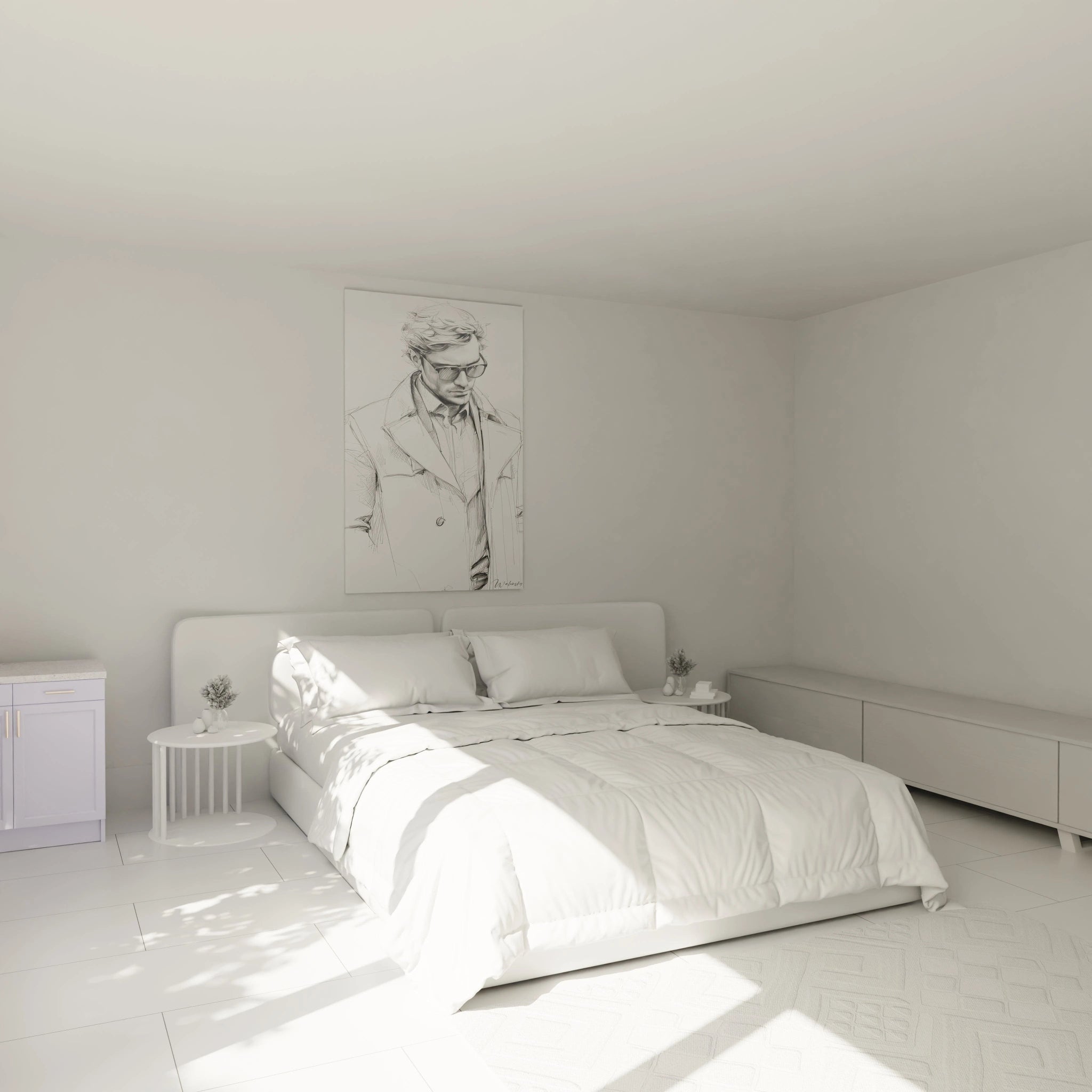 Tableau illustration mode homme sur mur dans une chambre moderne lumineuse et minimaliste