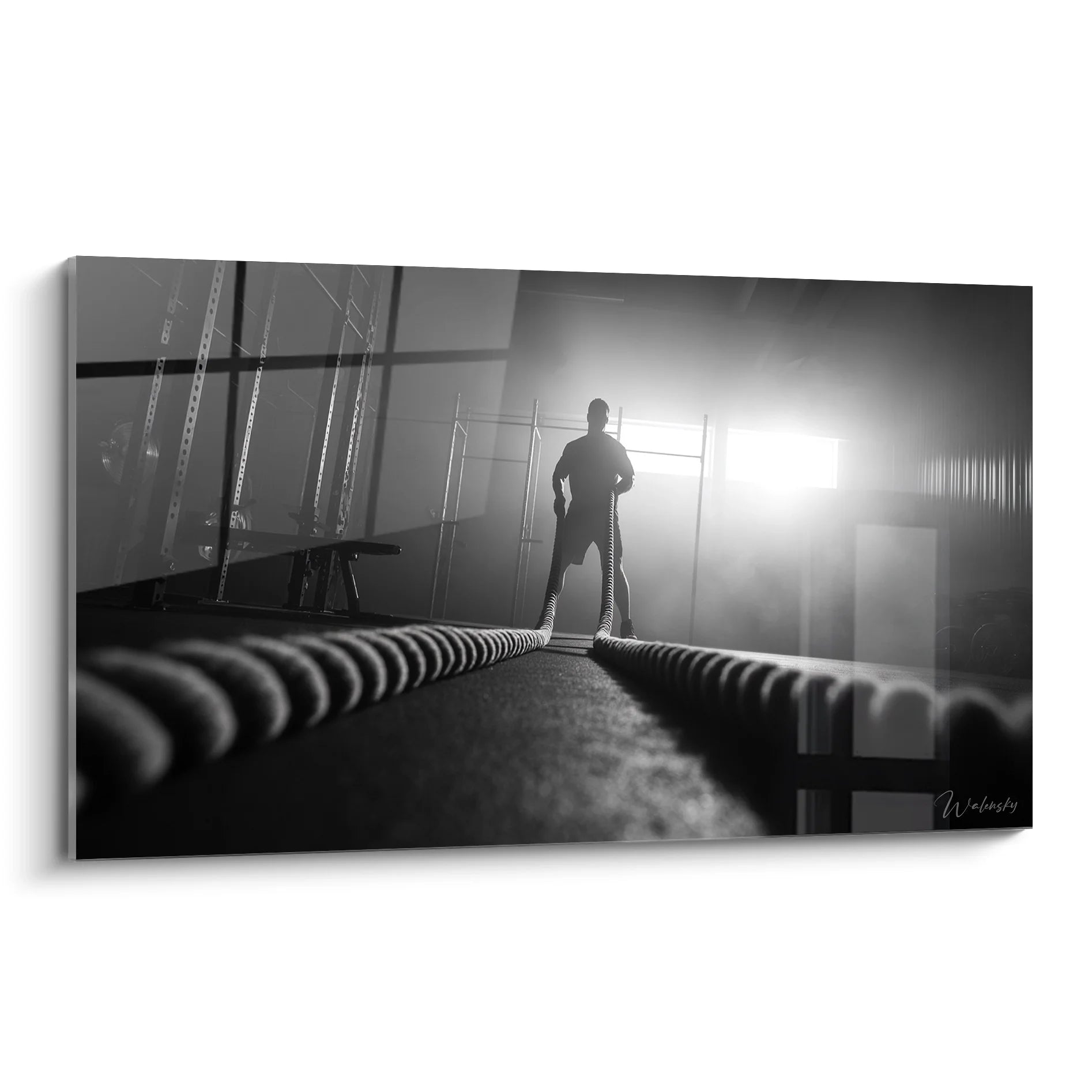 Tableau noir et blanc cross training battle ropes athlète silhouette gymnase fitness motivation