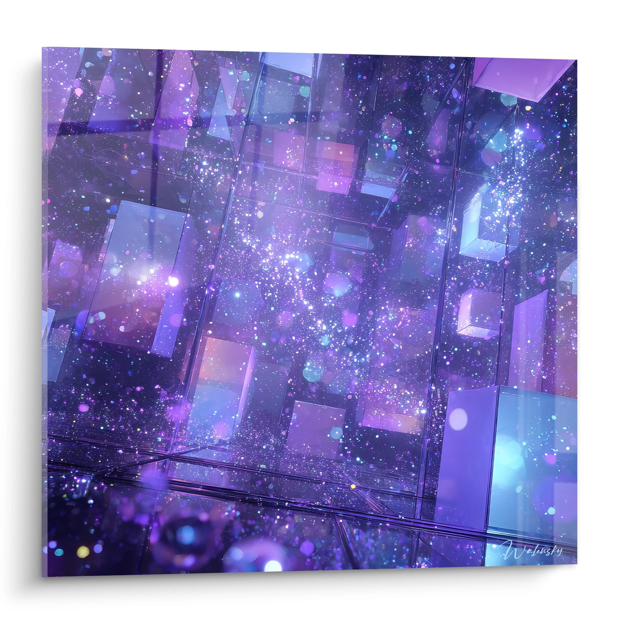 Tableau mural cubes cristallins violets flottant dans espace cosmique art futurisme abstrait moderne
