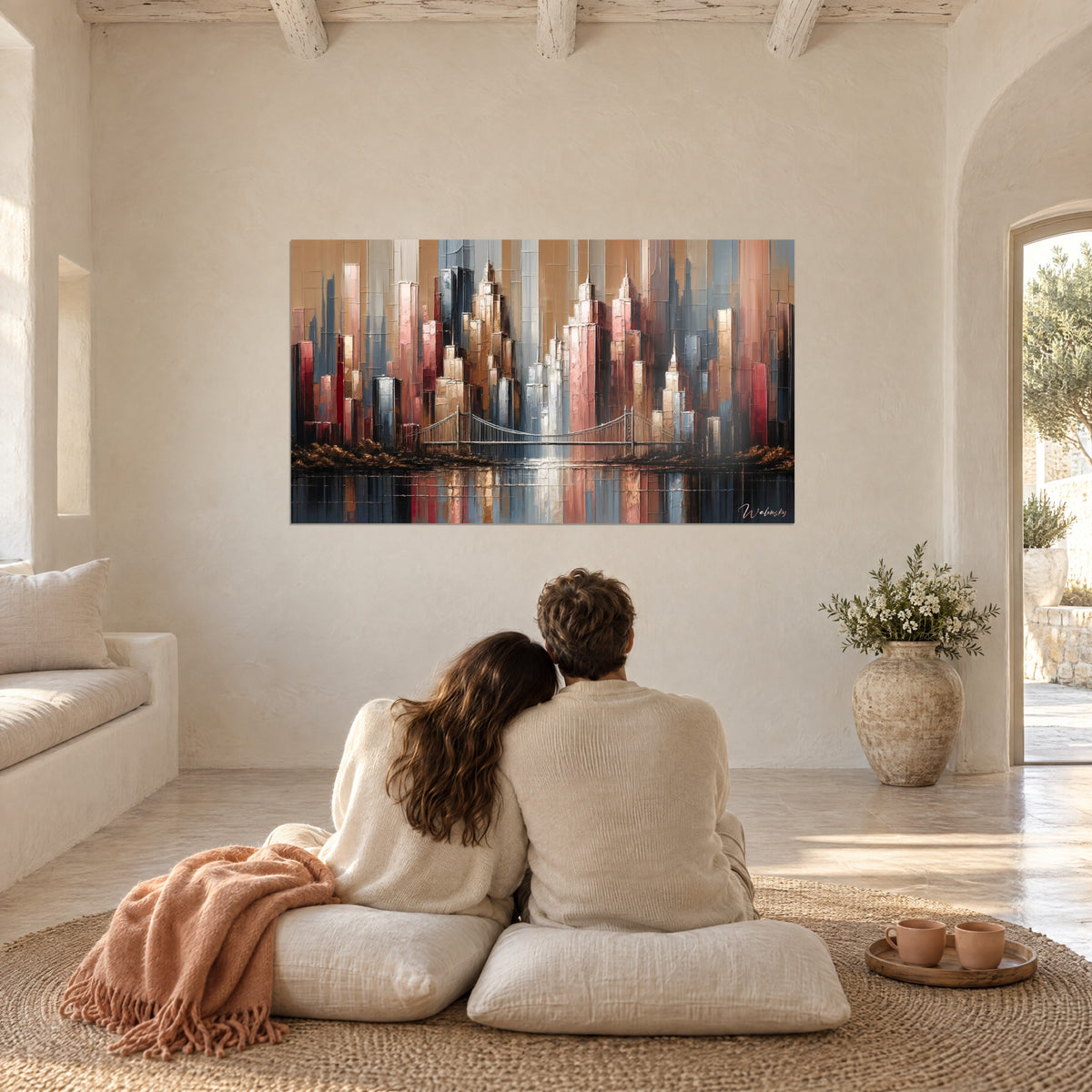 Tableau immeubles ocre, rose et bleu acier, pont reflété, couple enlacé sur coussins face au mur blanc d'une maison méditerranéenne