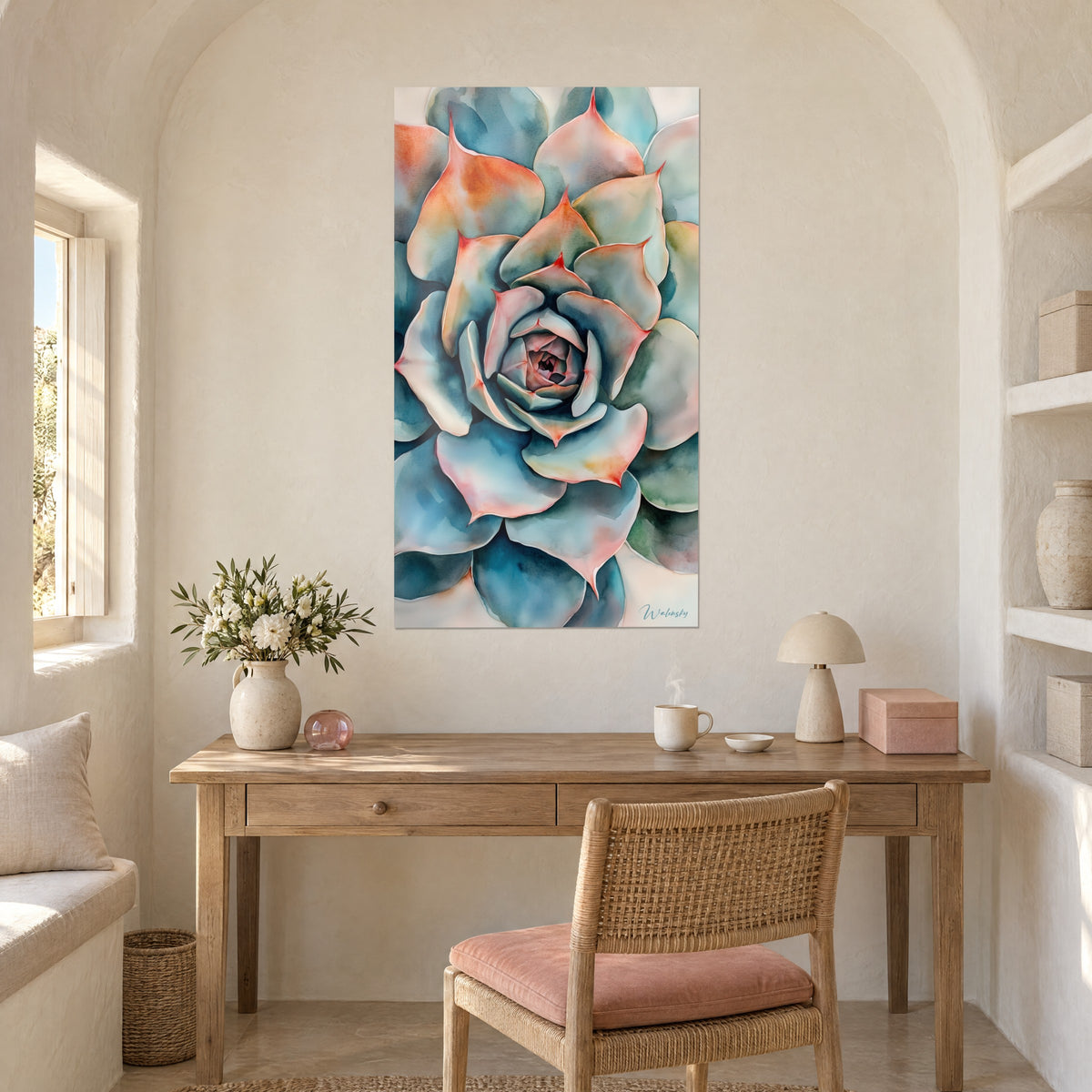 Tableau rosette éclatante de feuilles charnues bleu glacier et orangé, au-dessus d'un bureau en bois clair, mur blanc