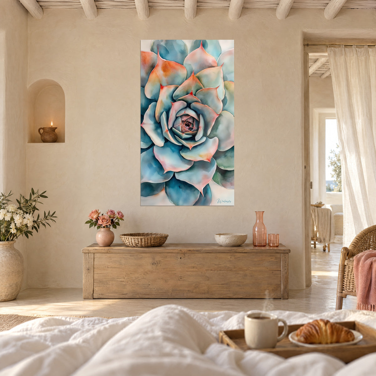 Tableau cœur d'échéveria en spirale rose et bleu pétrole, mur crème, au-dessus d'un lit dans une chambre claire