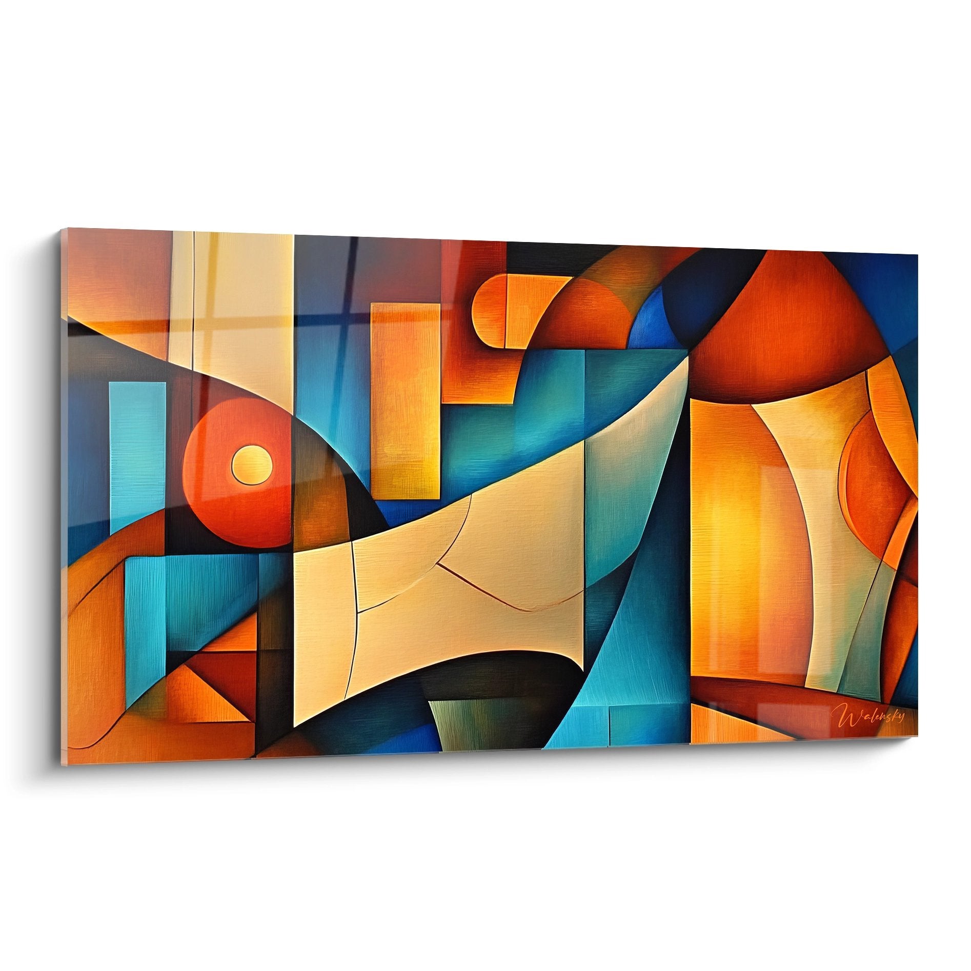 Tableau cubiste multicolore aux formes géométriques abstraites avec cercle rouge et compositions colorées