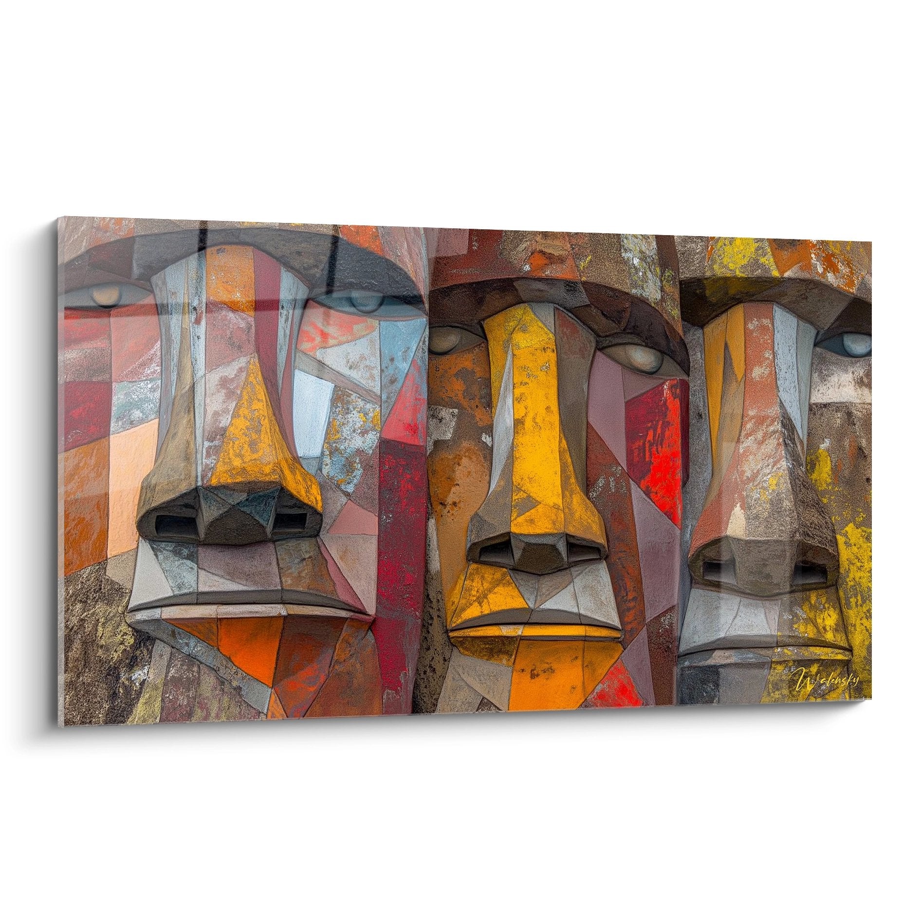 Tableau mural cubiste trois visages abstraits géométriques couleurs chaudes art moderne contemporain