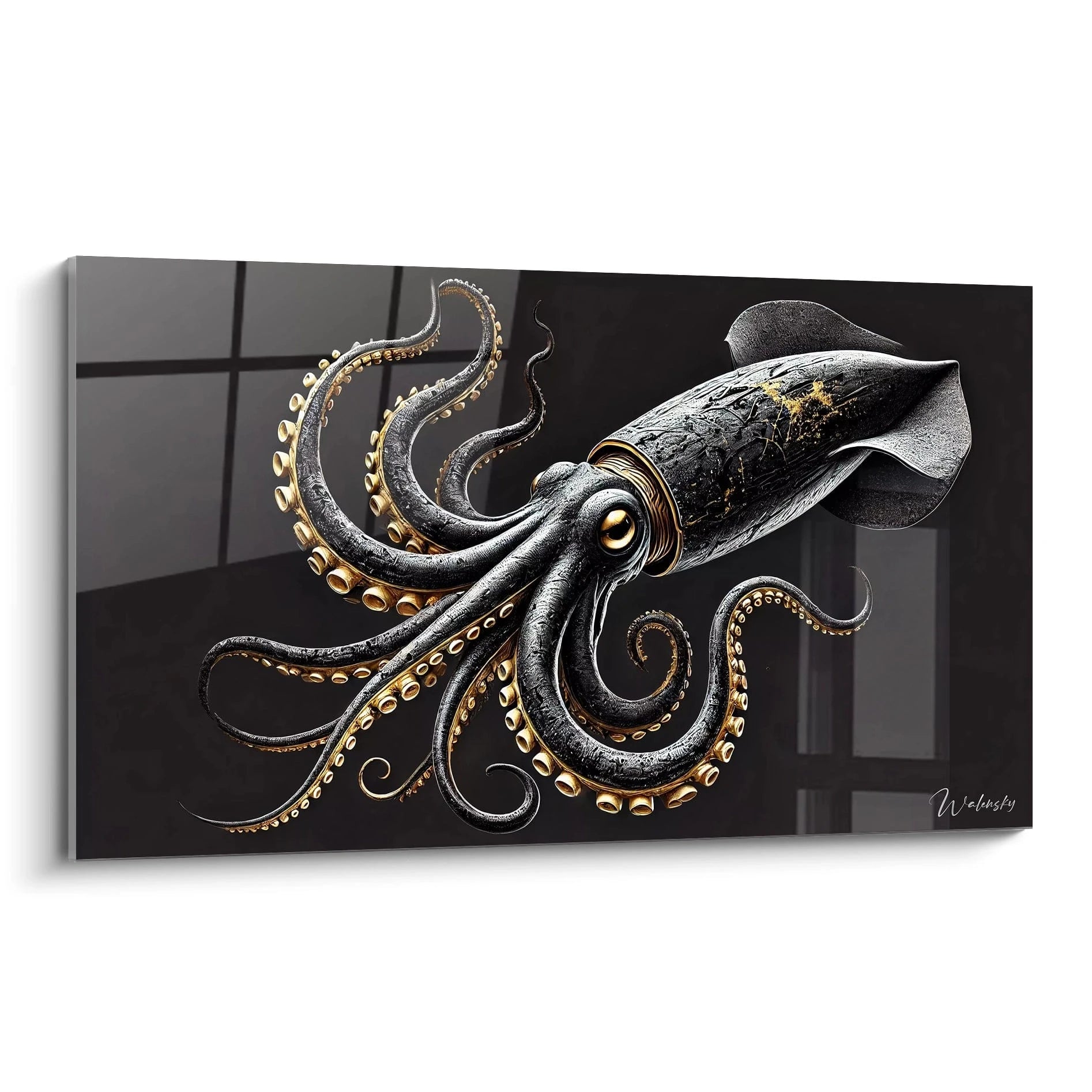 Admirez ce tableau calamar geant vu de biais, flottant dans un océan abstrait. Les détails métalliques et dorés apportent une touche de luxe et de mystère à votre décoration.