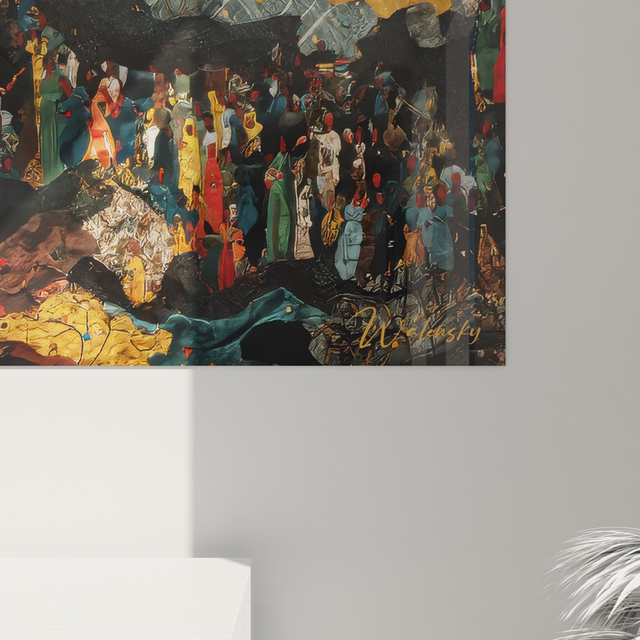 Vue d'ensemble tableau mural culture africaine scène spirituelle avec formations rocheuses stylisées