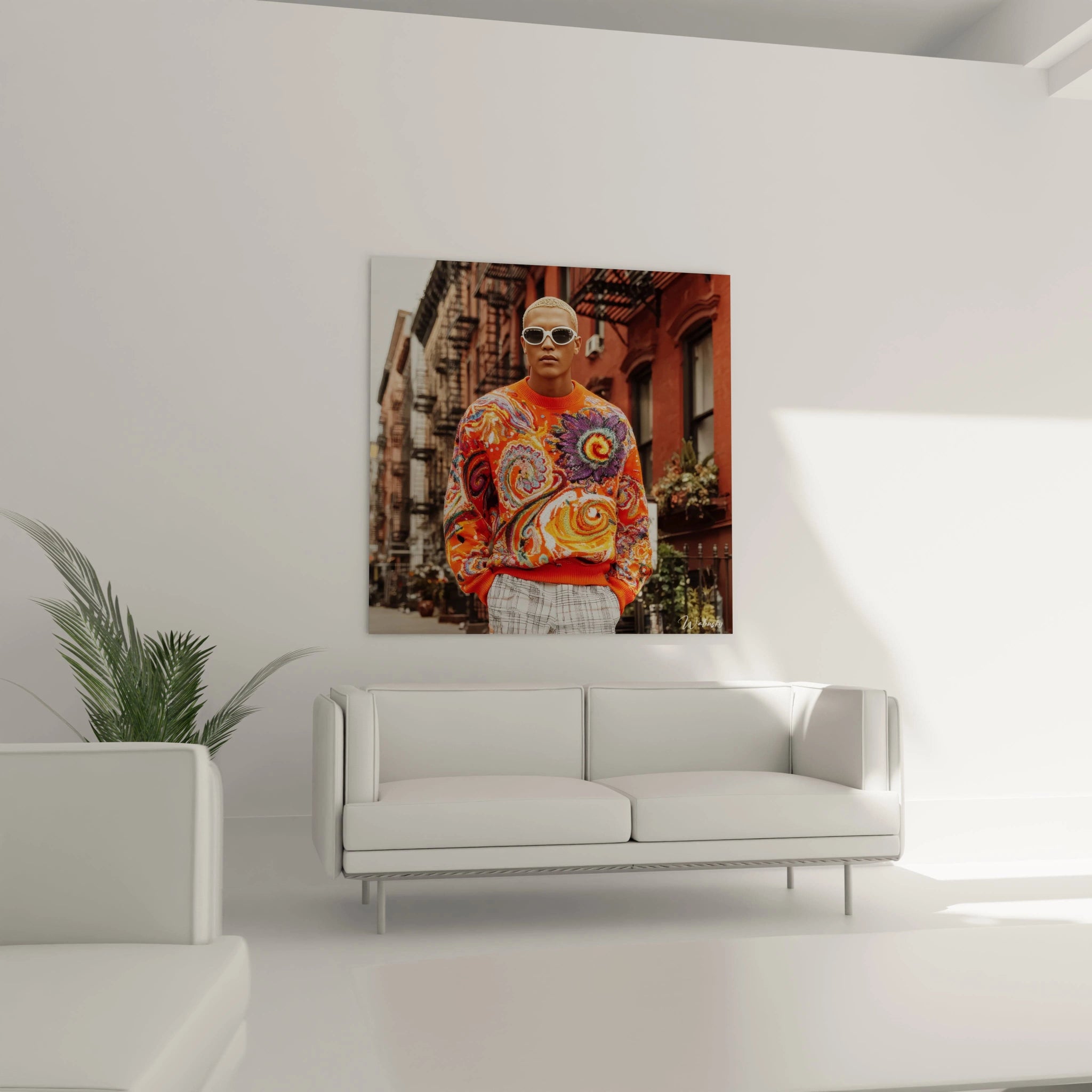 Tableau mural art urbain psychédélique de Walensky sur un mur dans un salon moderne