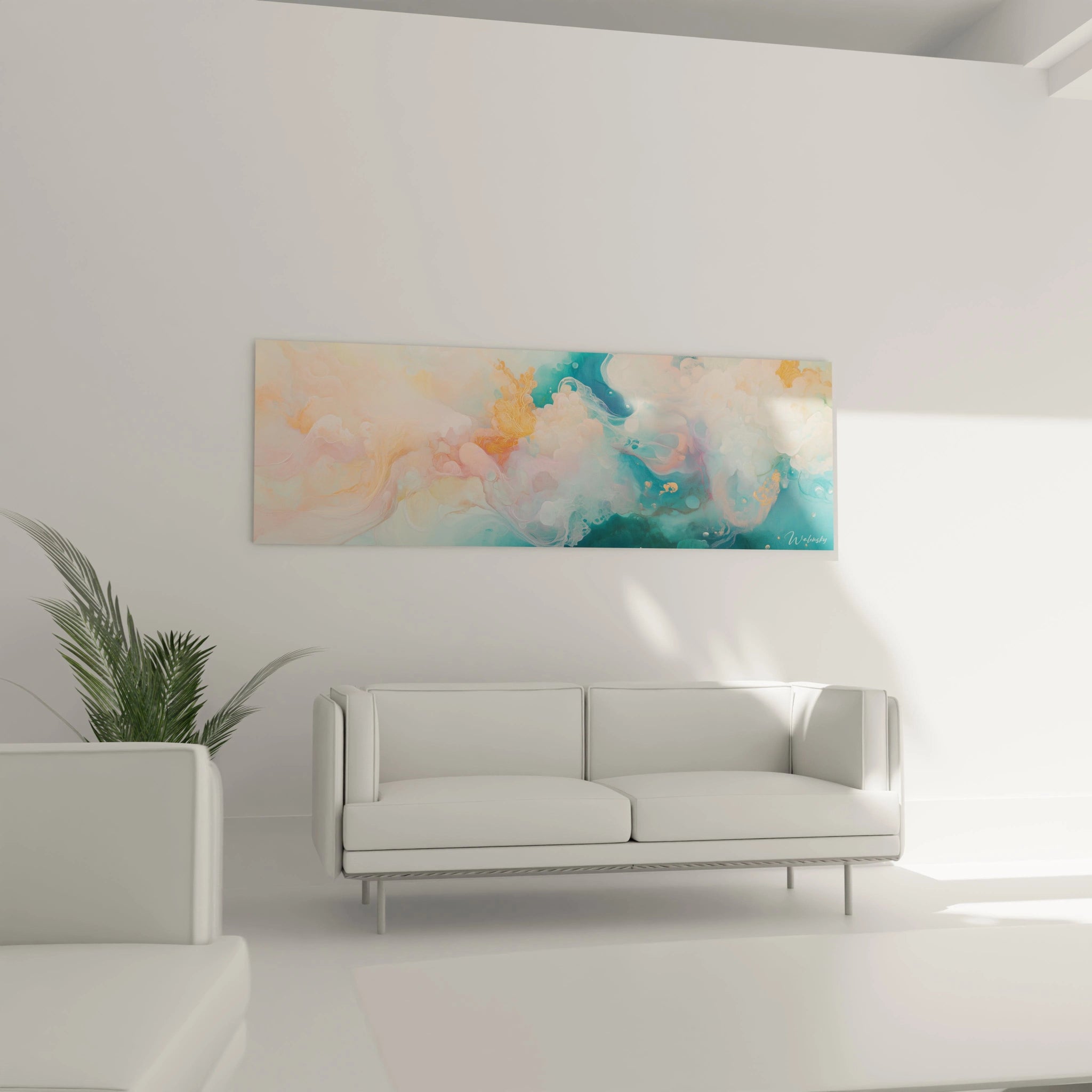 Tableau moderne abstrait de Walensky avec des couleurs turquoise et pastel pour une décoration contemporaine