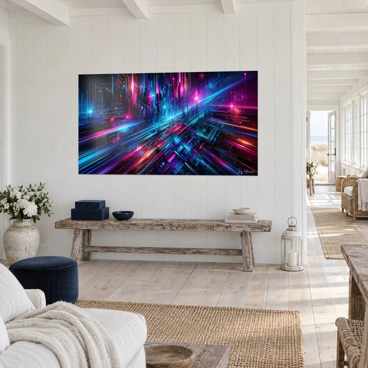 Gemälde einer futuristischen Stadt mit fuchsiafarbenen und cyanfarbenen Lichtstrahlen, Dreiviertelansicht an einer weiß getäfelten Wand, Haus am Meer