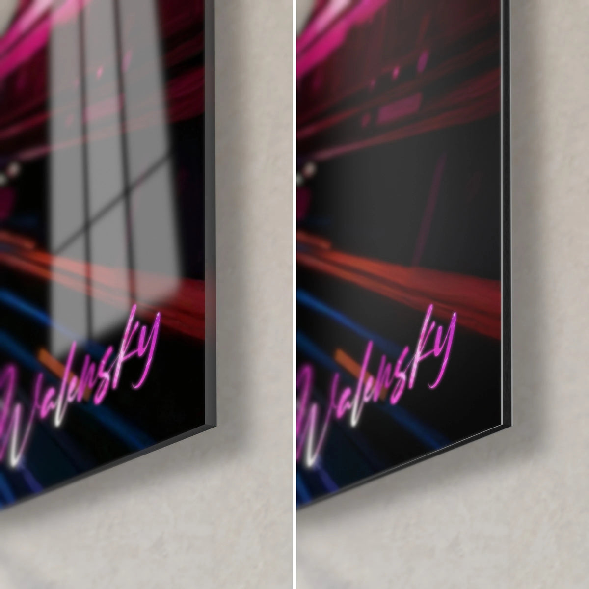 Gemälde mit magentafarbenen und blauen Lichtschaltkreisen, Ecke unten rechts: glänzendes Acrylglas links, matt Dibond-Aluminium rechts, 3 mm Kante