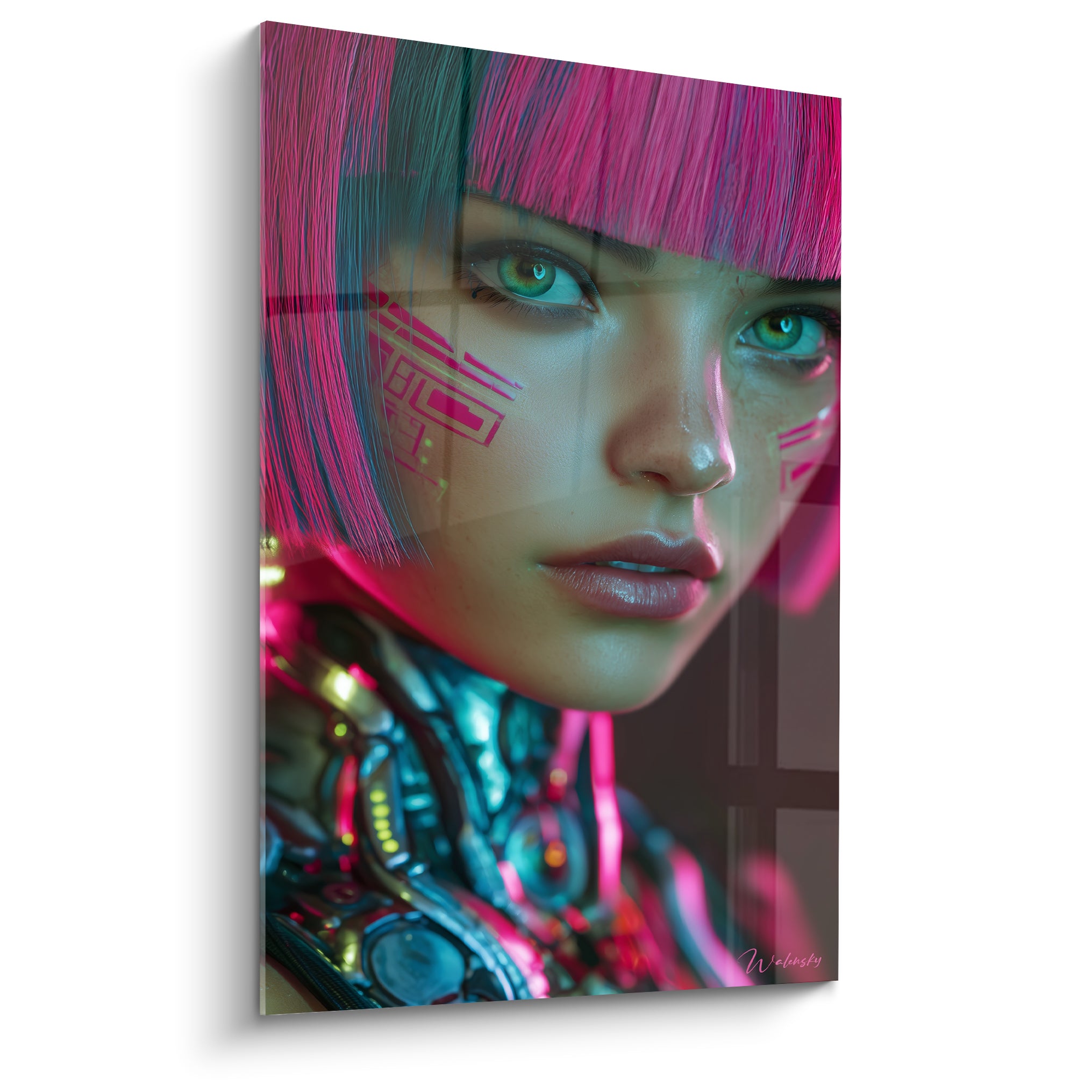 Androïde aux cheveux rose fuchsia et yeux vert émeraude, armure bleu métallique, tableau Cyberpunk