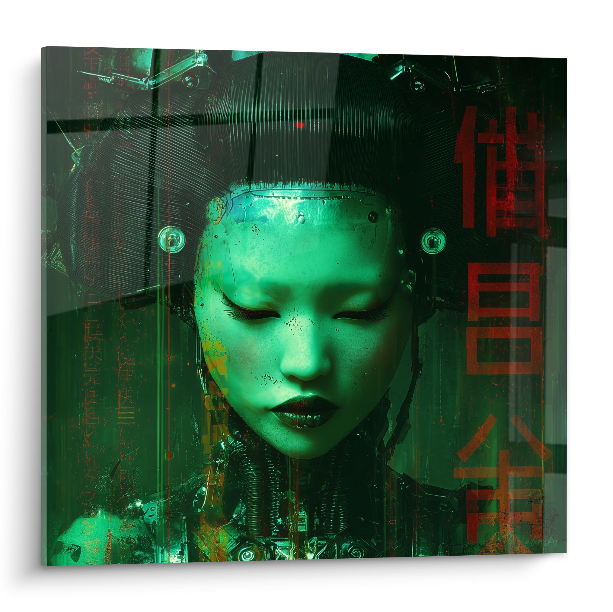Androïde vert émeraude aux yeux clos, idéogrammes rouge rouille, portrait Cyberpunk sur toile