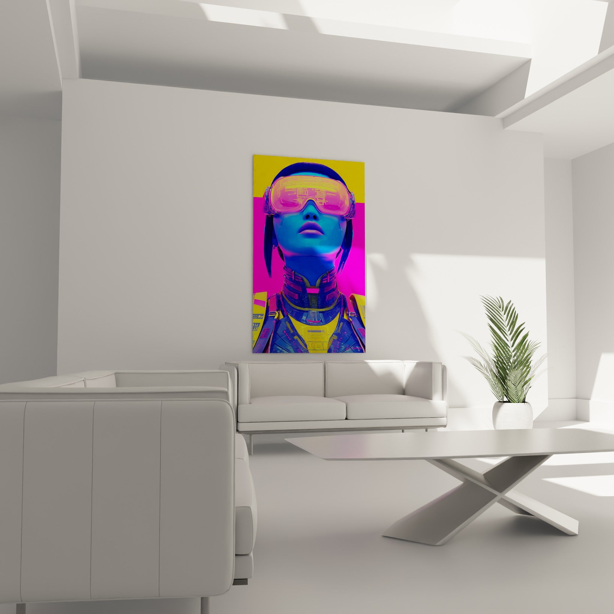 Portrait futuriste bleu marine et fuchsia à la visière lumineuse, tableau Cyberpunk au-dessus d'un canapé dans un salon lumineux