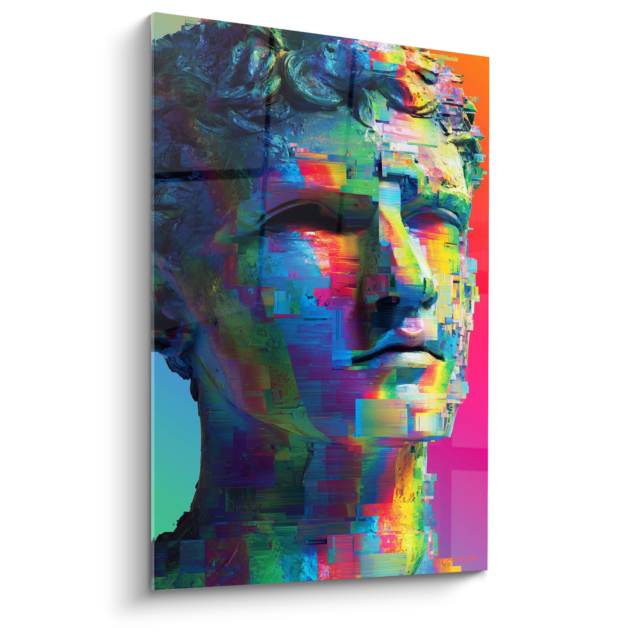 Buste antique fragmenté en pixels turquoise, fuchsia et orangé, style glitch numérique Cyberpunk