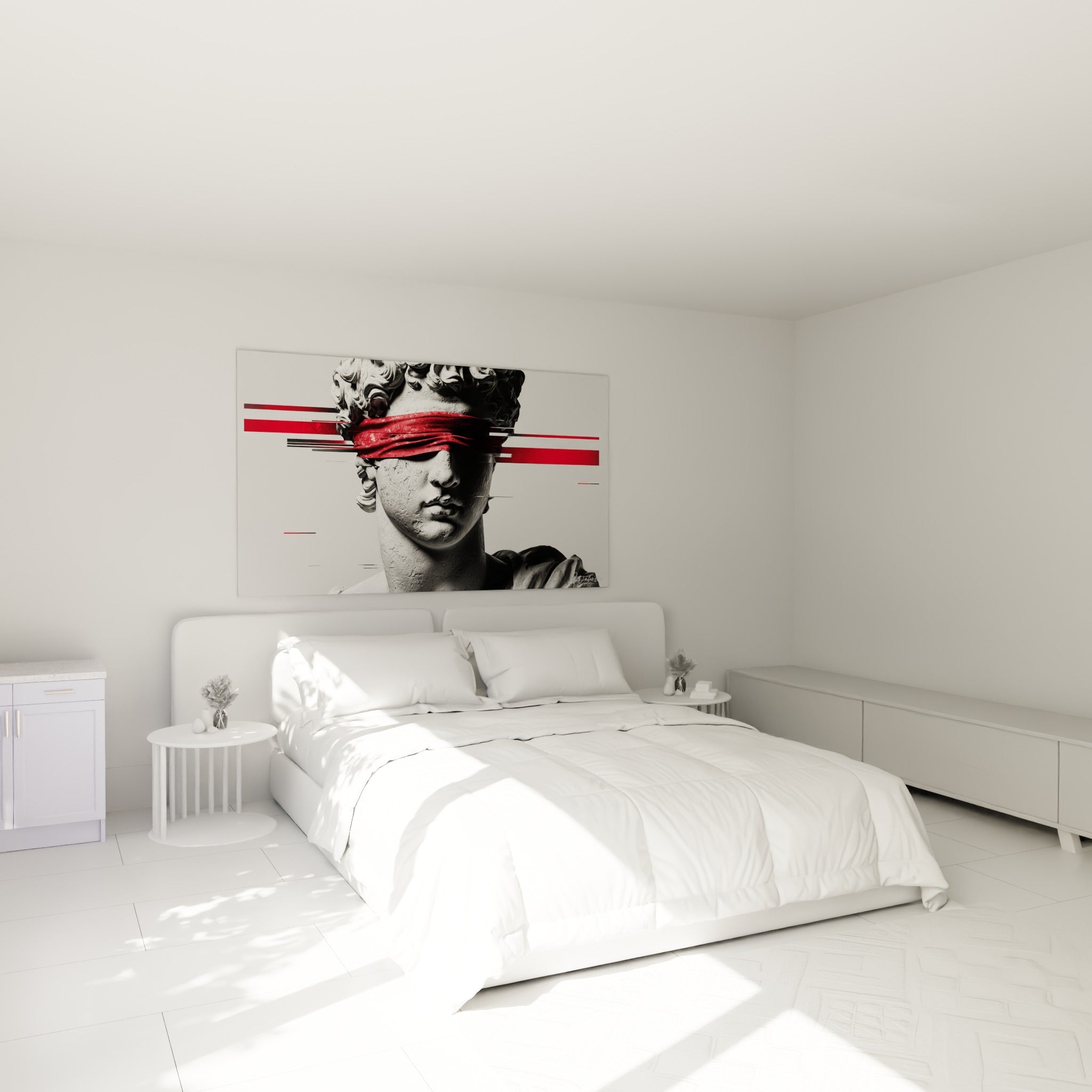 Statue gris pierre et bandeau rouge vif du tableau Cyberpunk au-dessus d'un lit dans une chambre claire