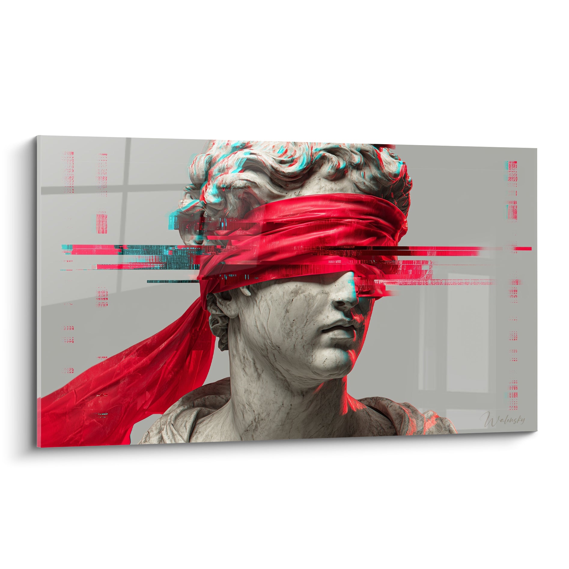 Buste antique au bandeau rouge, effets glitch turquoise, fond gris uniforme, style Cyberpunk saisissant