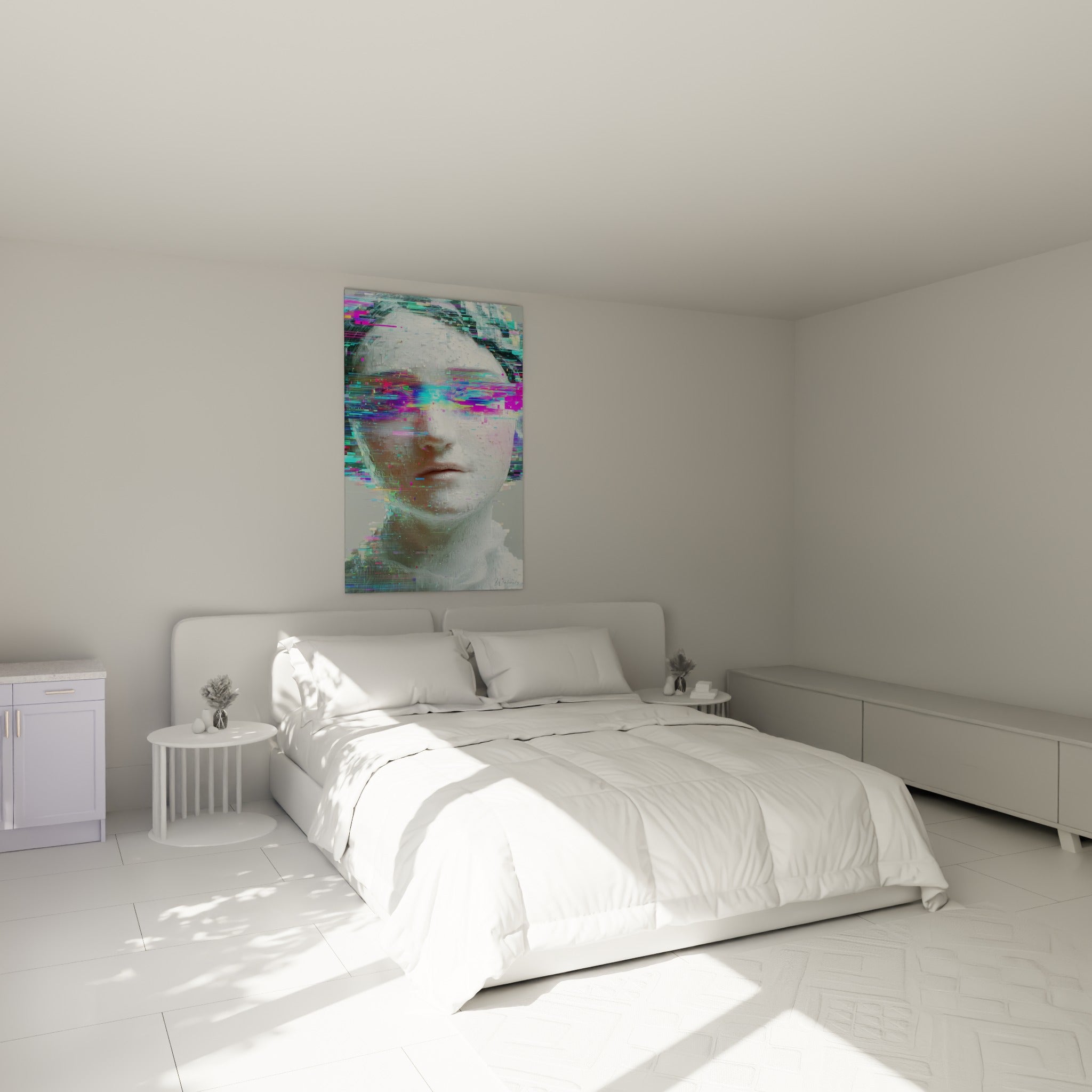 Buste de marbre strié de magenta et turquoise, tableau Cyberpunk au-dessus d'un lit dans une chambre claire