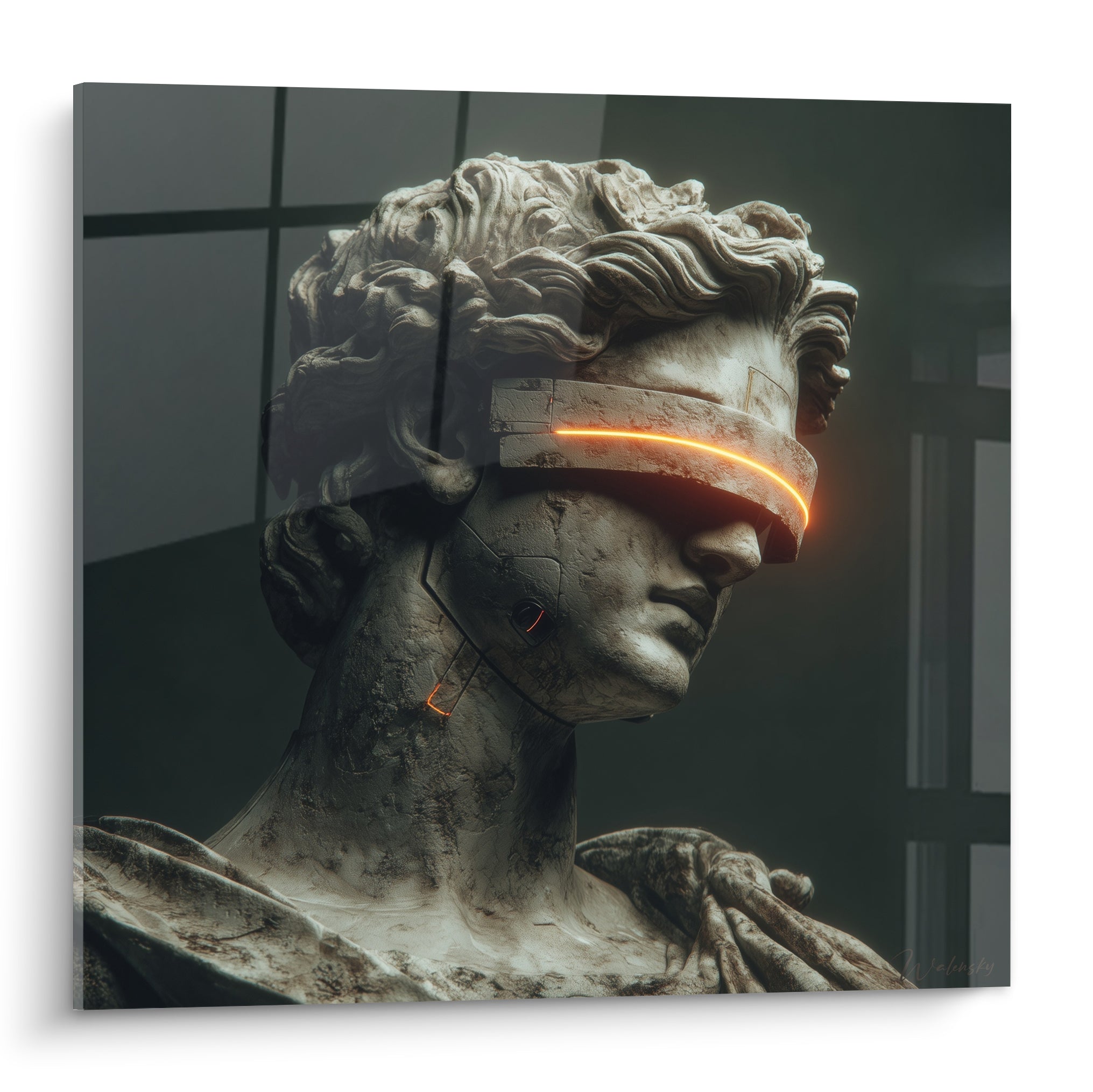 Buste antique Cyberpunk en marbre gris, bandeau lumineux orange traversant le visage sculpté