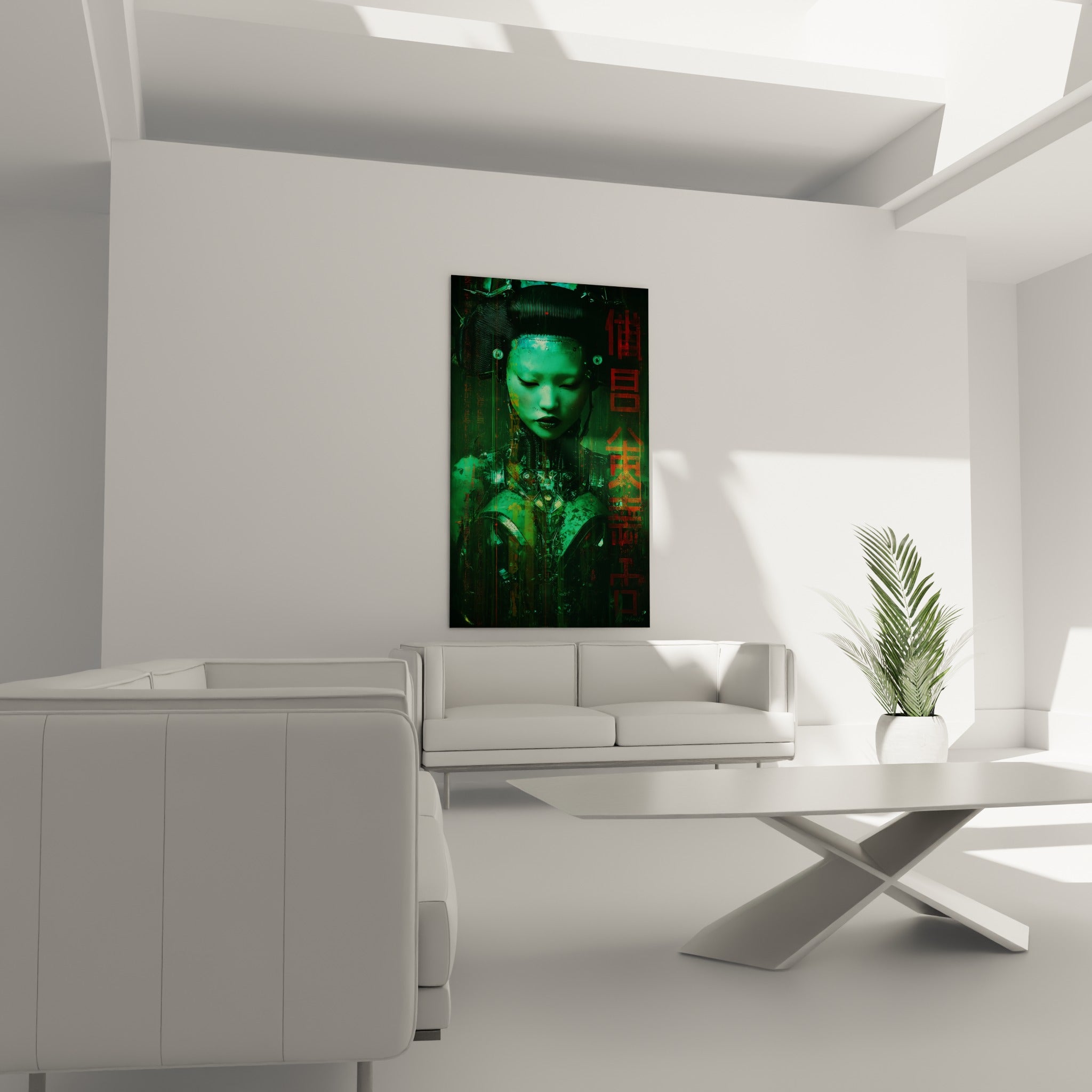 Buste mécanique vert émeraude et rouge cramoisi de la geisha Cyberpunk, au-dessus d'un canapé dans un salon lumineux