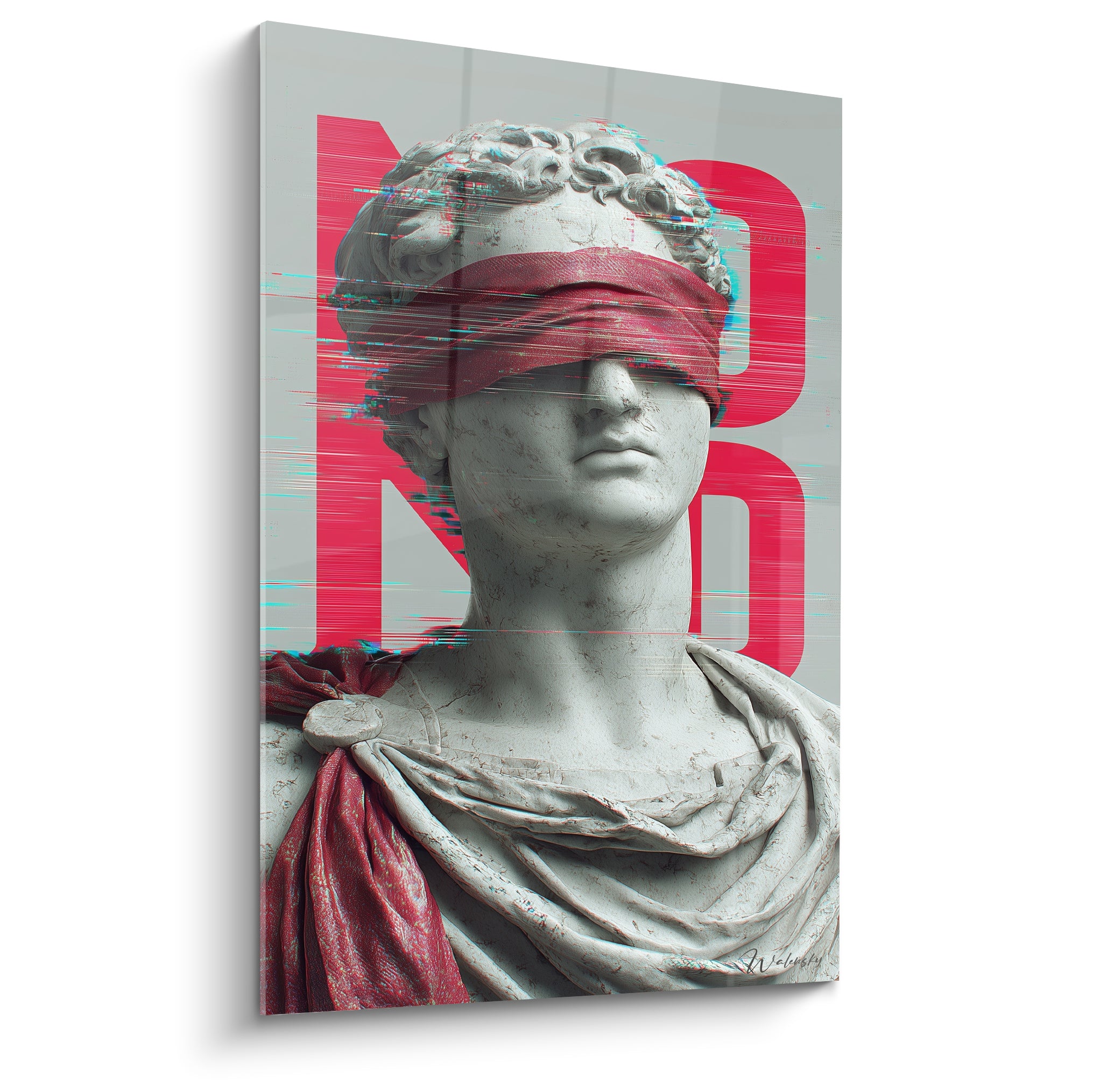 Buste romain gris et bandeau rouge écarlate au regard voilé, glitch numérique cyan en fond
