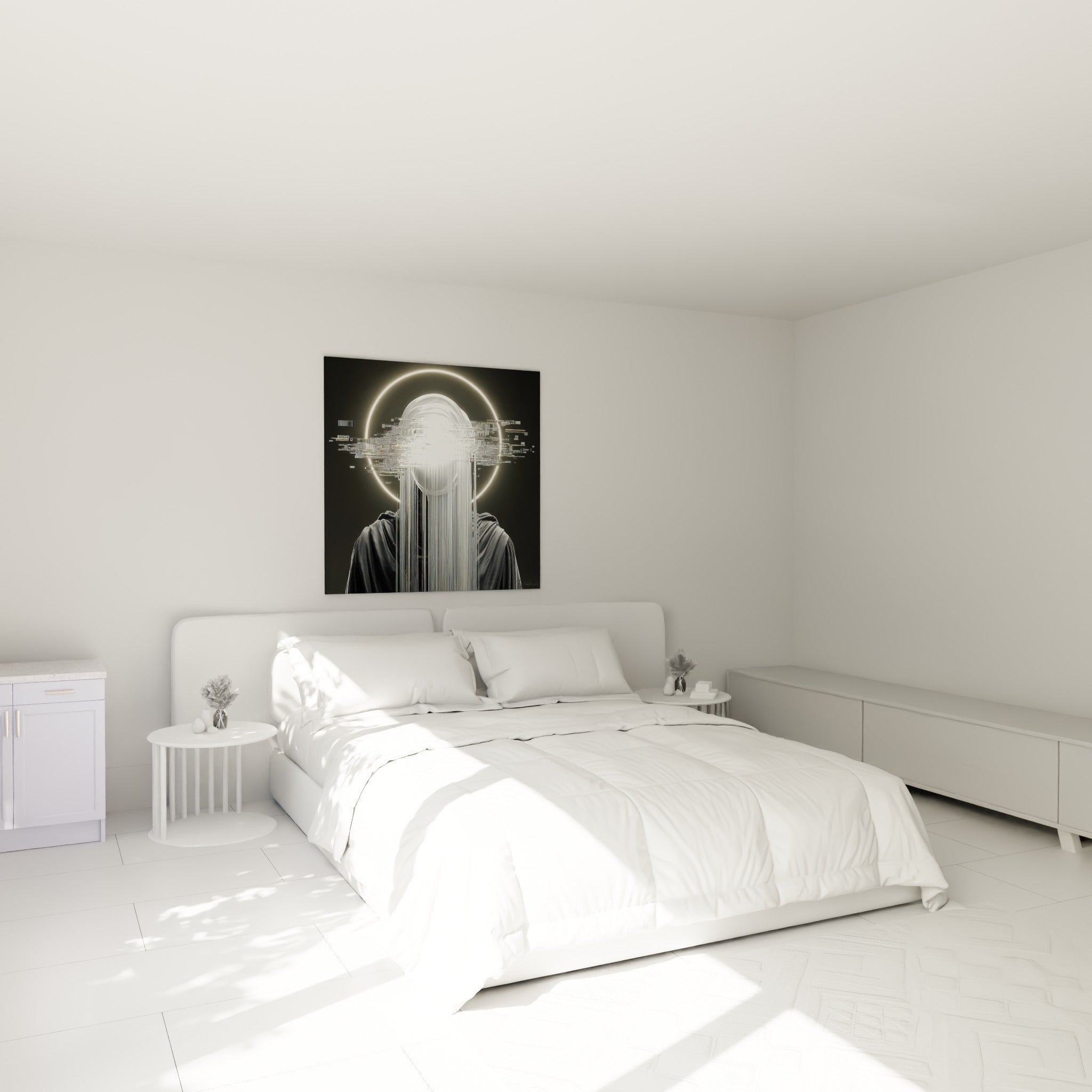Figure Cyberpunk drapée en noir, halo lumineux blanc, accrochée au-dessus d'un lit dans une chambre claire
