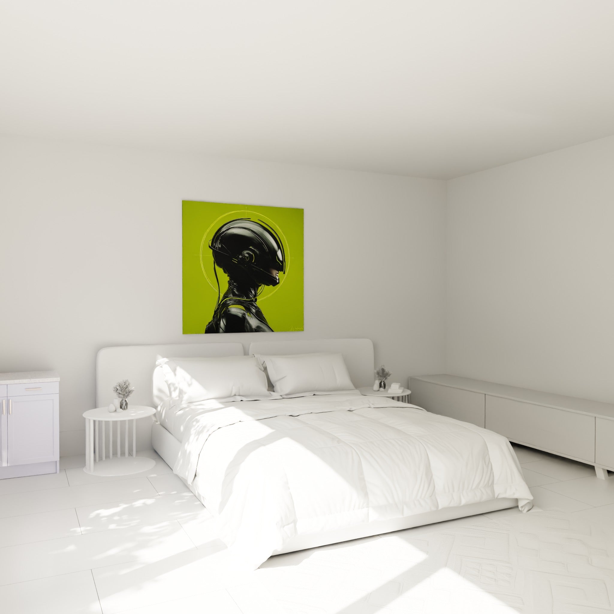 Silhouette Cyberpunk au casque vert et noir, au-dessus d'un lit dans une chambre claire
