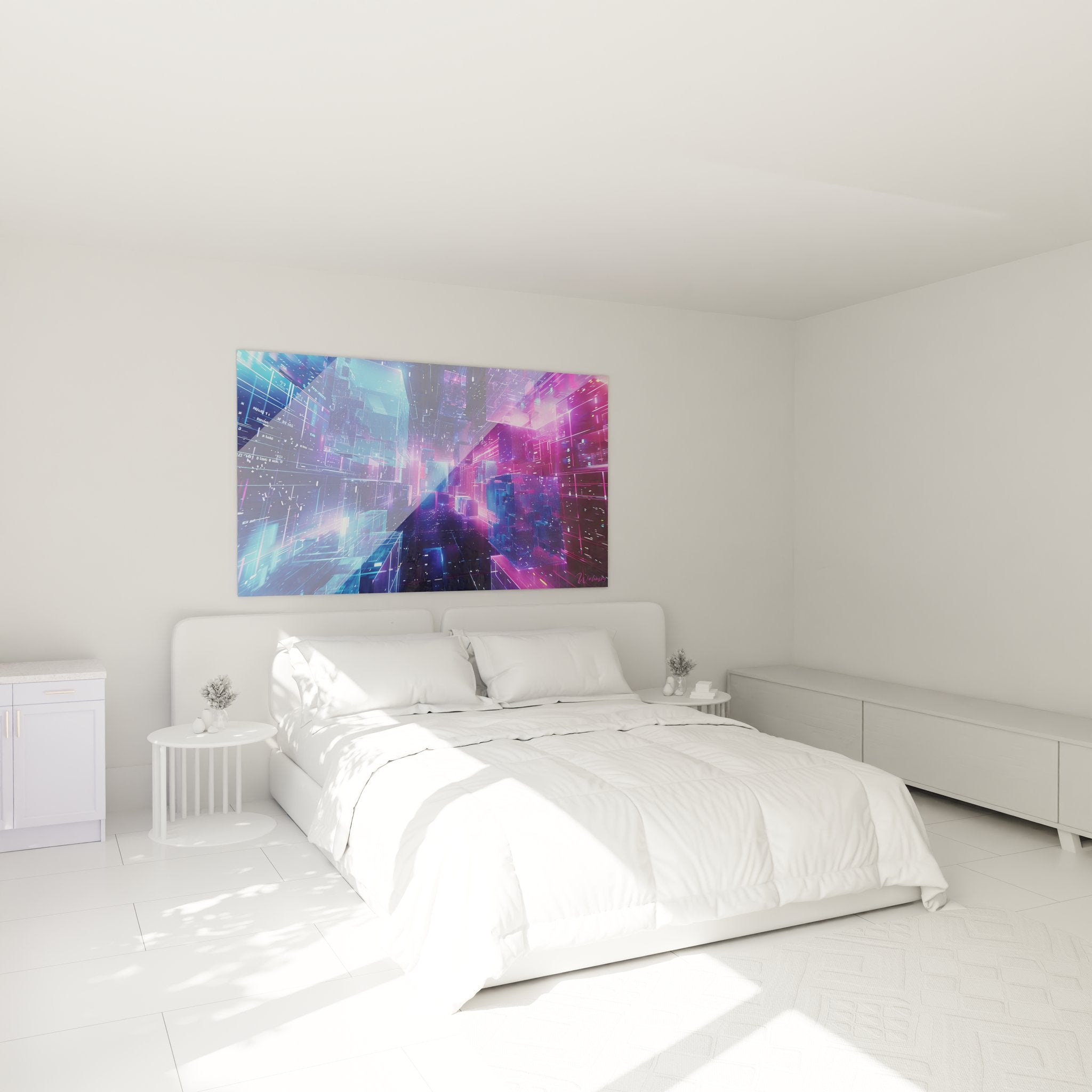 Tableau cyberpunk décoratif dans chambre moderne ambiance futuriste lumières néon art mural