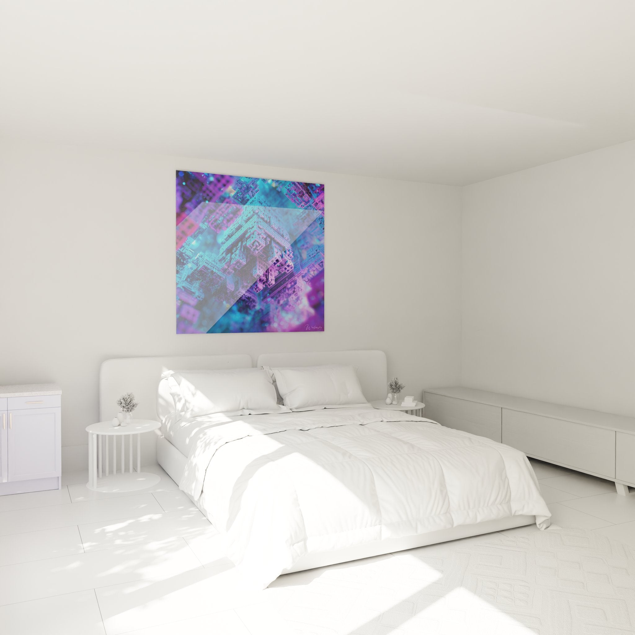 Ambiance chambre avec tableau architecture futuriste cyberpunk décoration murale moderne