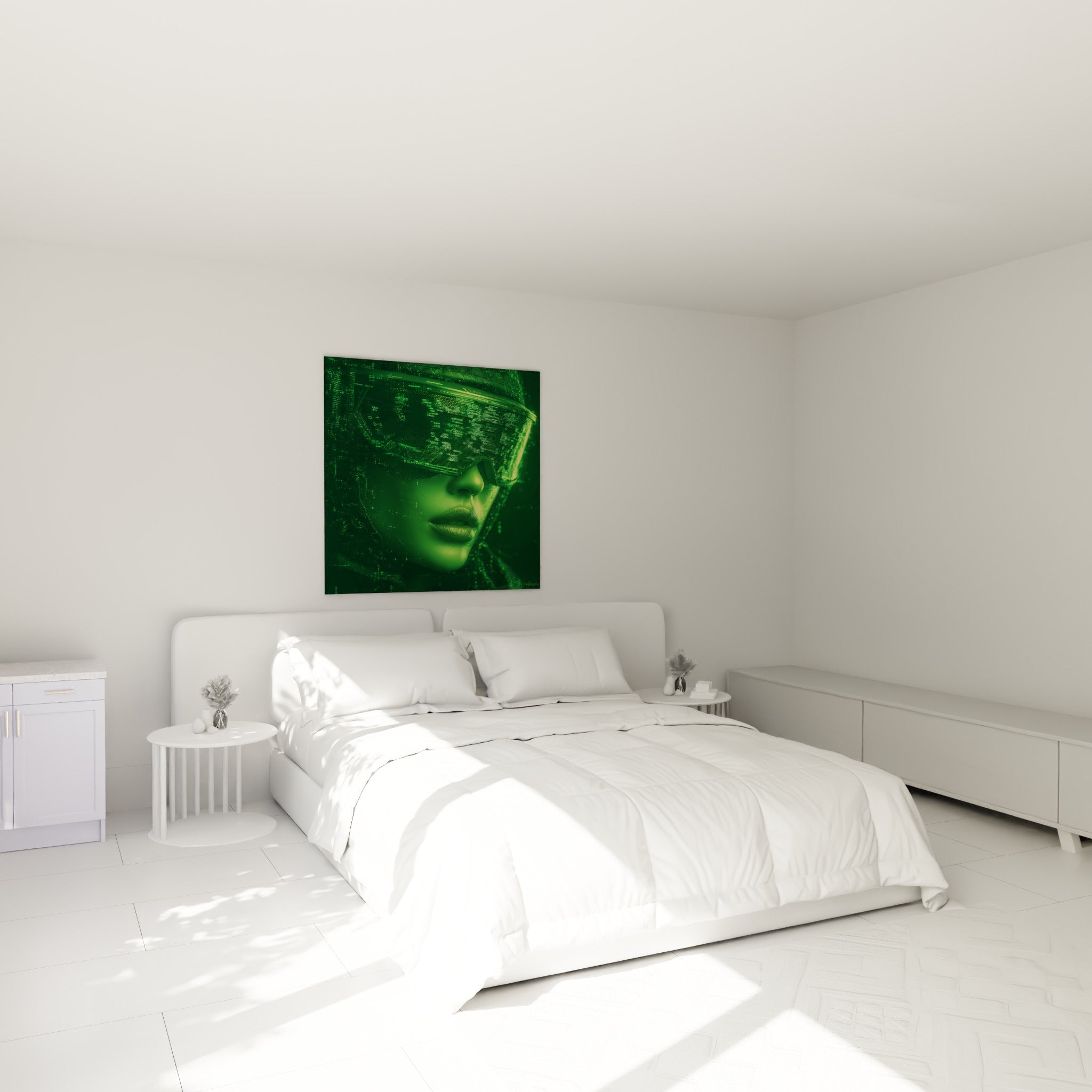 Regard dissimulé sous des lunettes vertes Cyberpunk, œuvre accrochée au-dessus d'un lit dans une chambre claire