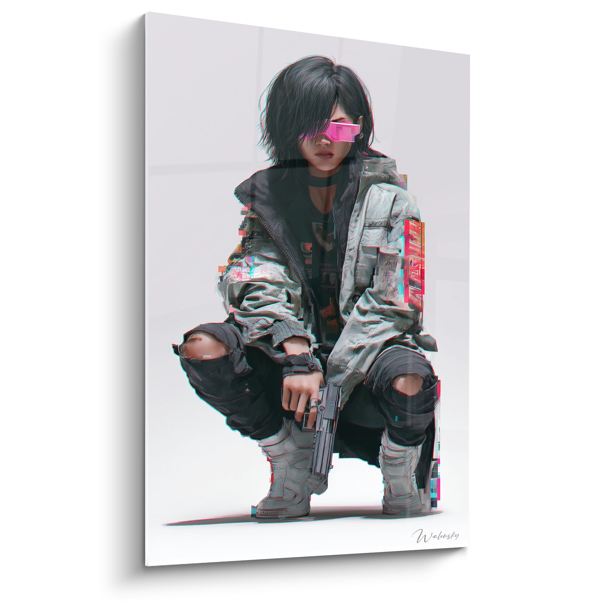 Combattante Cyberpunk accroupie en gris anthracite et rose fluo, arme au poing