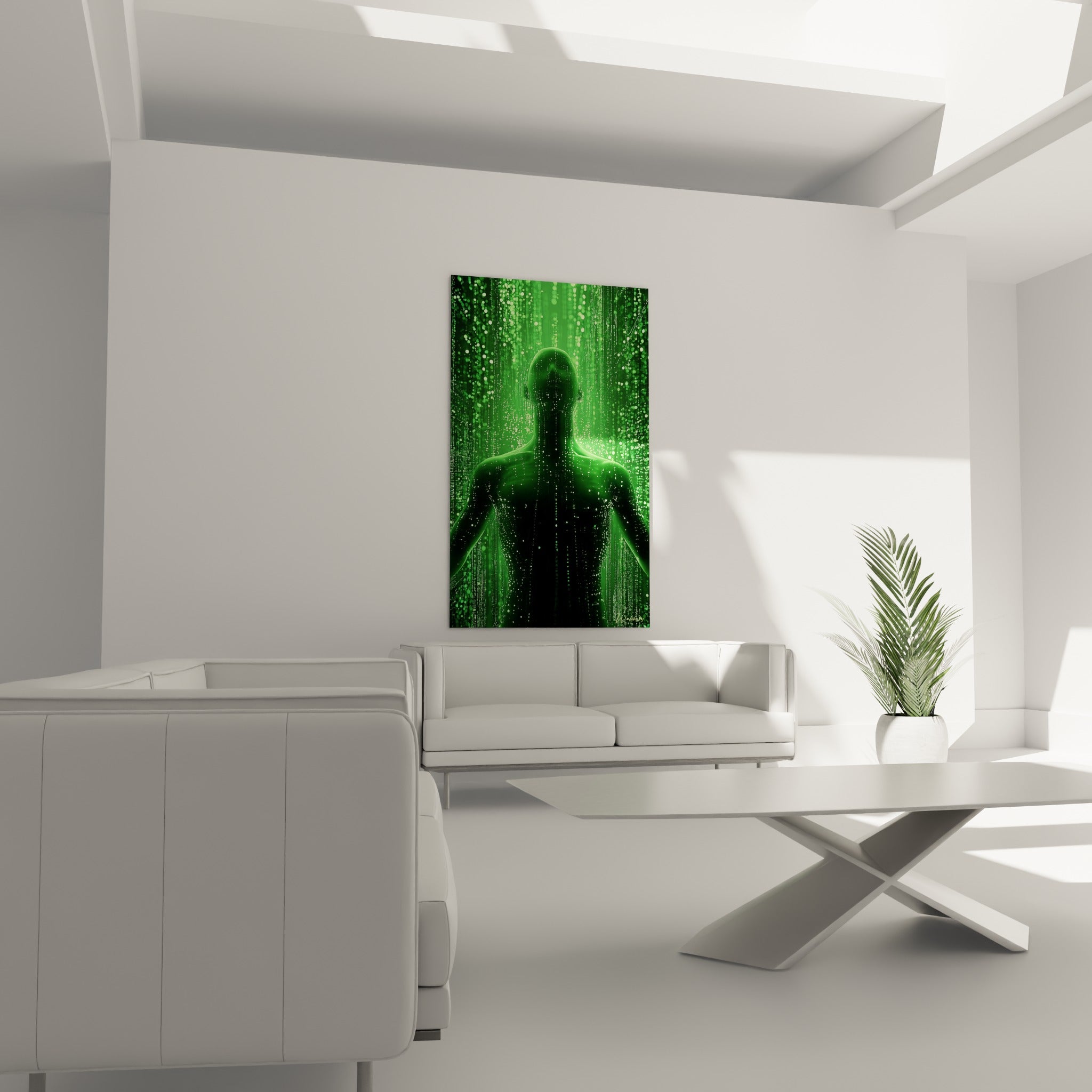 Figure numérique noire et verte du tableau Cyberpunk, suspendue au-dessus d'un canapé dans un salon lumineux