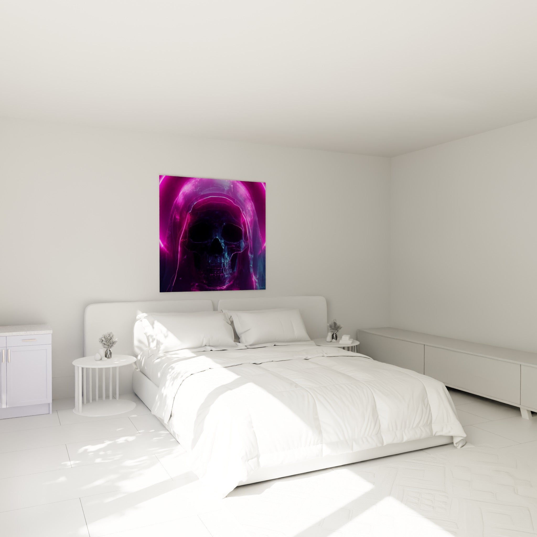 Silhouette spectrale rose et bleu néon, tableau Cyberpunk placé au-dessus d'un lit dans une chambre claire