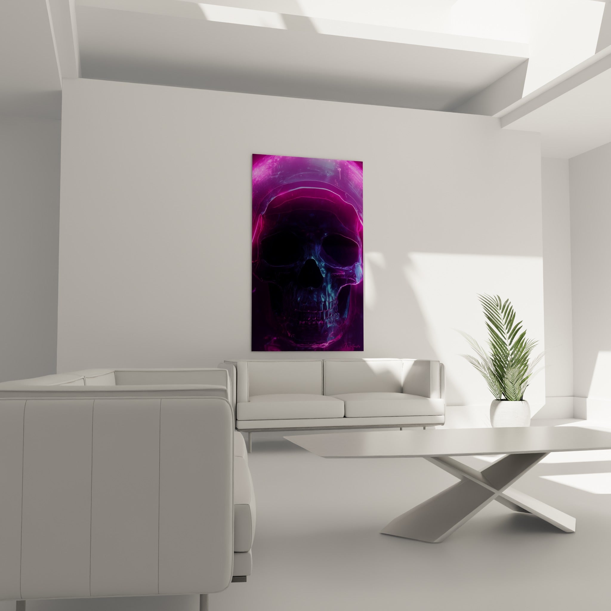 Crâne Cyberpunk violet et bleu électrique au-dessus d'un canapé dans un salon lumineux