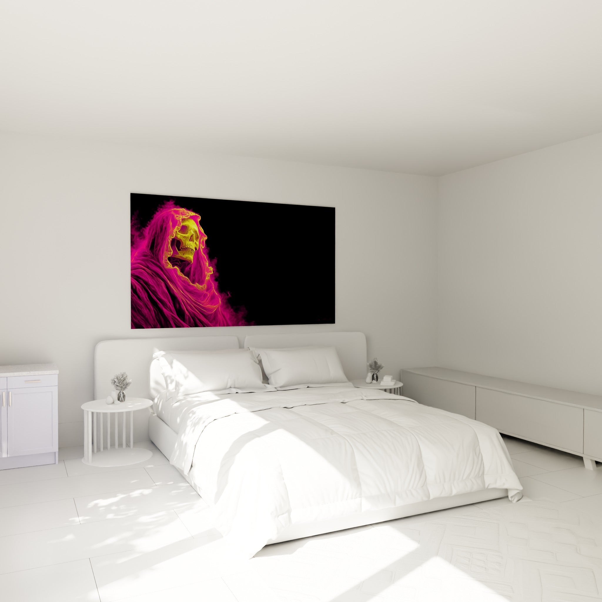 Crâne jaune lumineux et fumée violette du tableau Cyberpunk accrochées au-dessus d'un lit dans une chambre claire