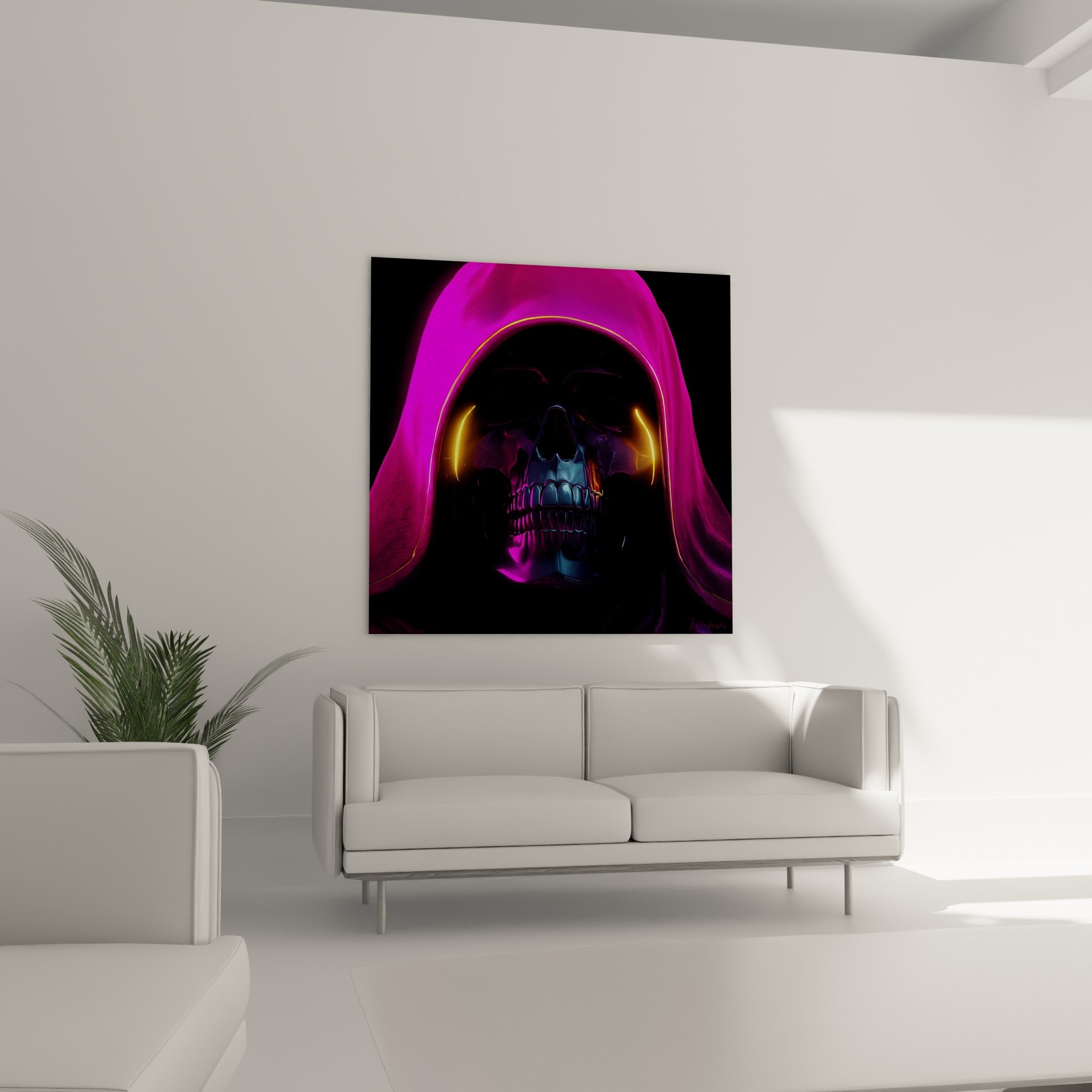 Crâne métallique bleu et capuche fuchsia Cyberpunk, disposé au-dessus d'un canapé dans un salon lumineux