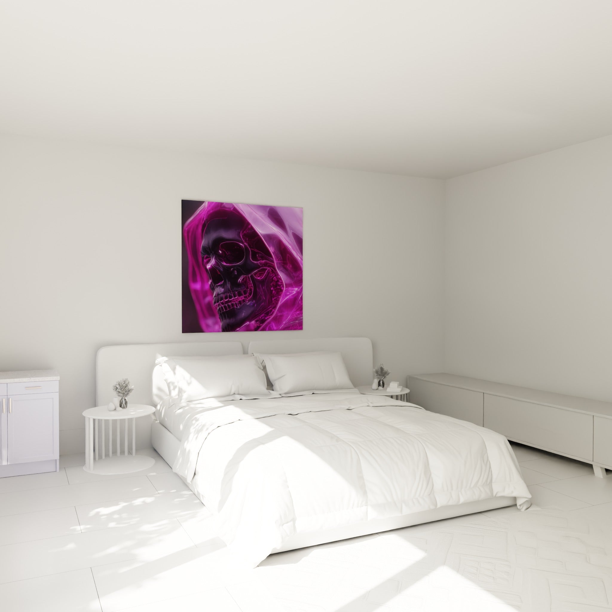 Silhouette spectrale magenta et noire de ce tableau Cyberpunk, au-dessus d'un lit dans une chambre claire
