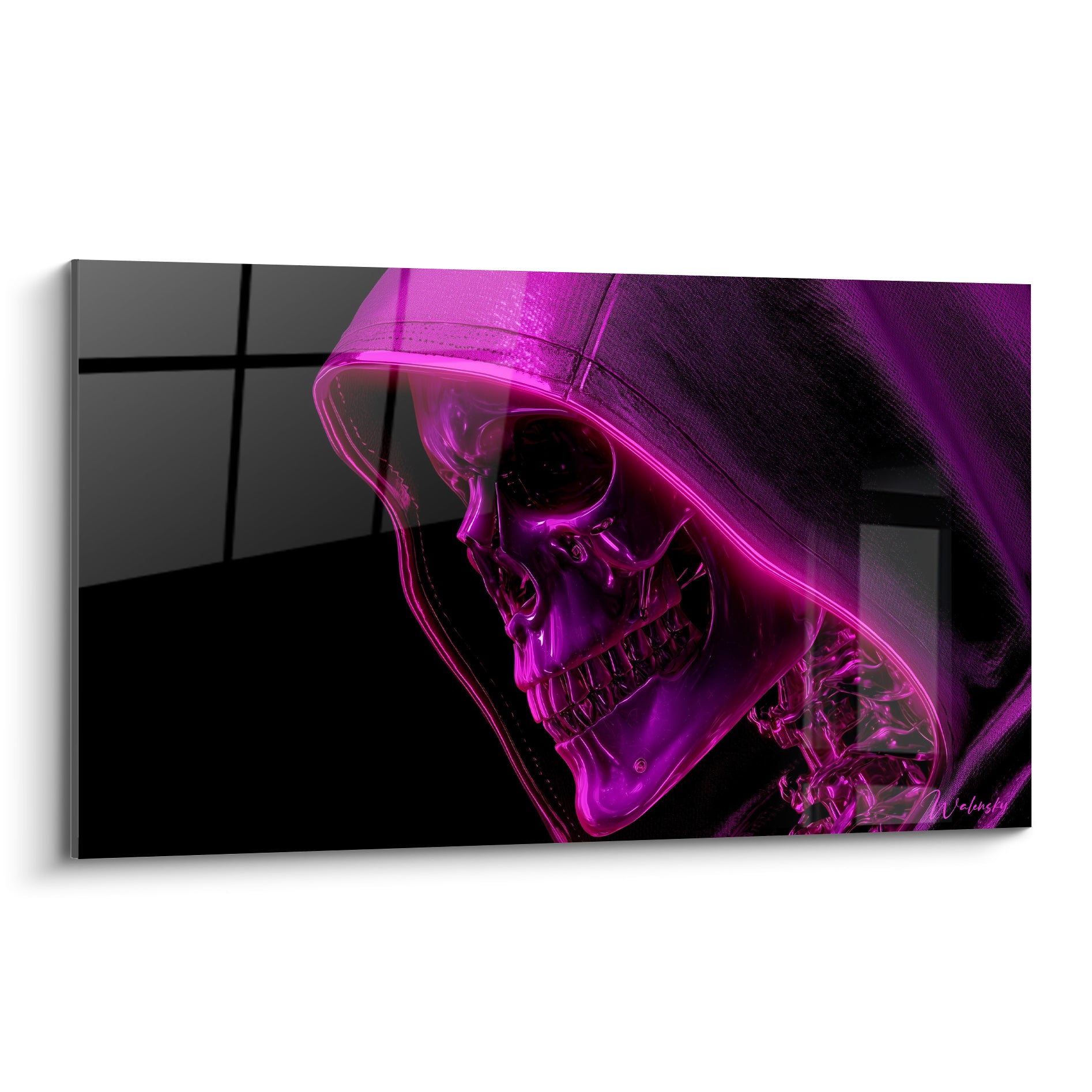 Crâne cyberpunk métallique en profil, capuche noire et reflets rose magenta lumineux intenses