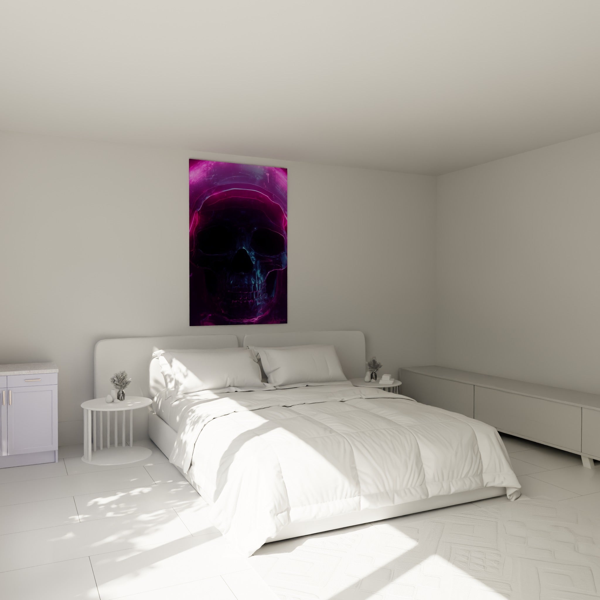 Crâne Cyberpunk magenta et cyan lumineux au-dessus d'un lit dans une chambre claire