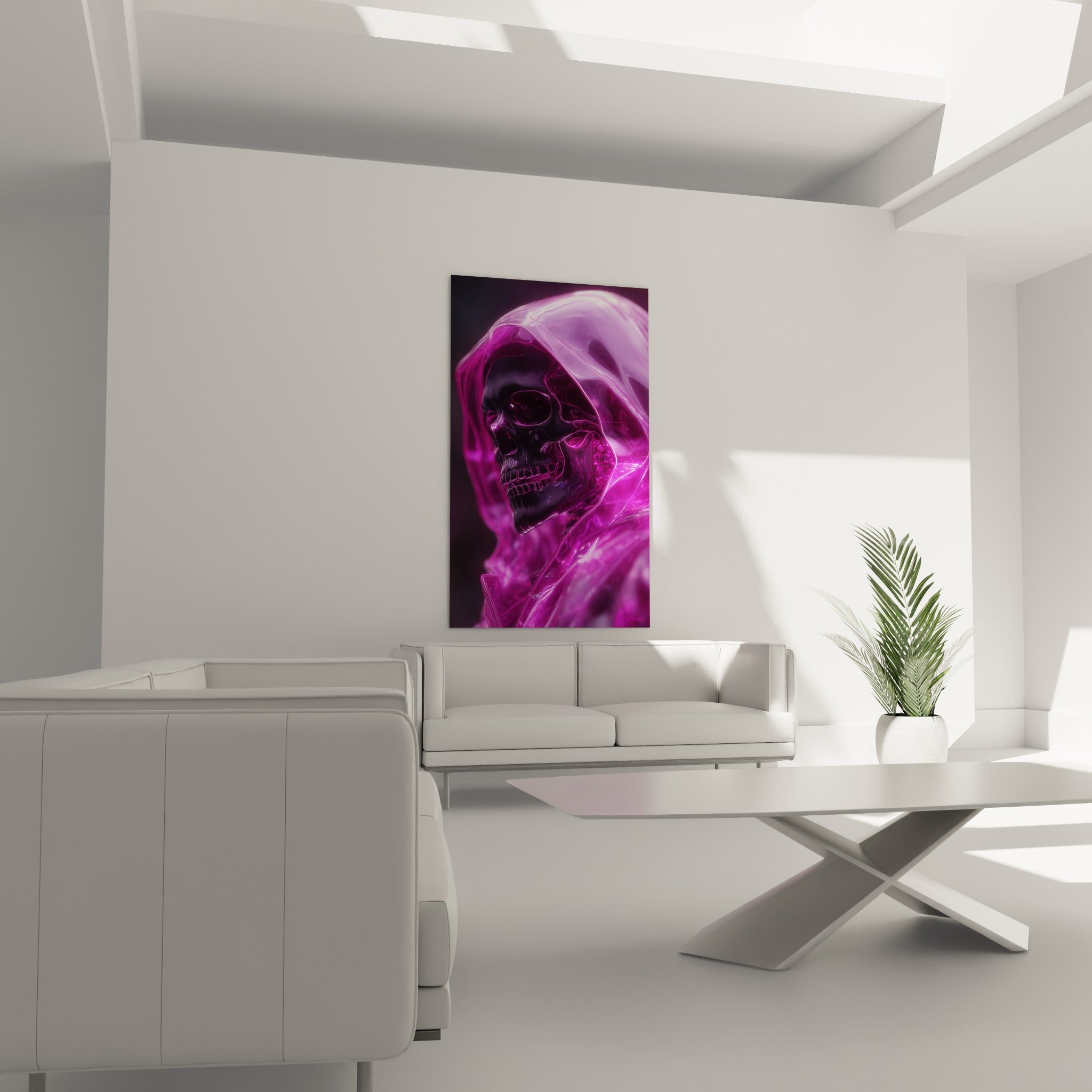 Crâne Cyberpunk violet et noir à l'allure spectrale, disposé au-dessus d'un canapé dans un salon lumineux
