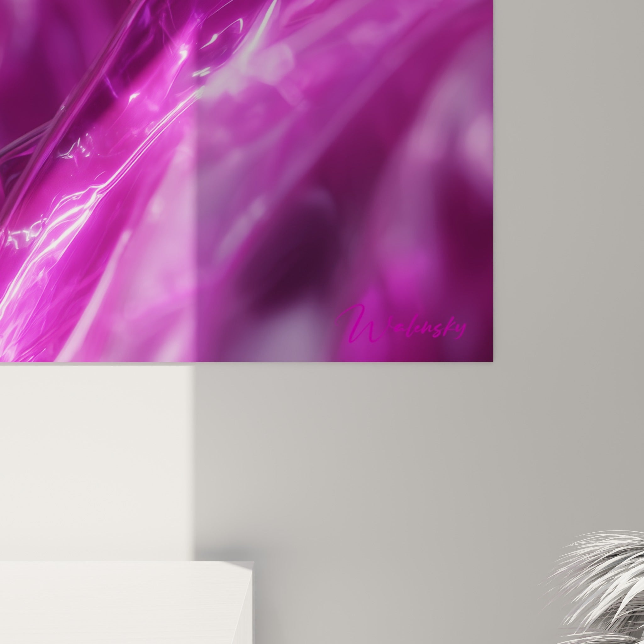 Détail du tableau Cyberpunk révélant les reflets magenta liquides et le grain sombre du crâne sculpté