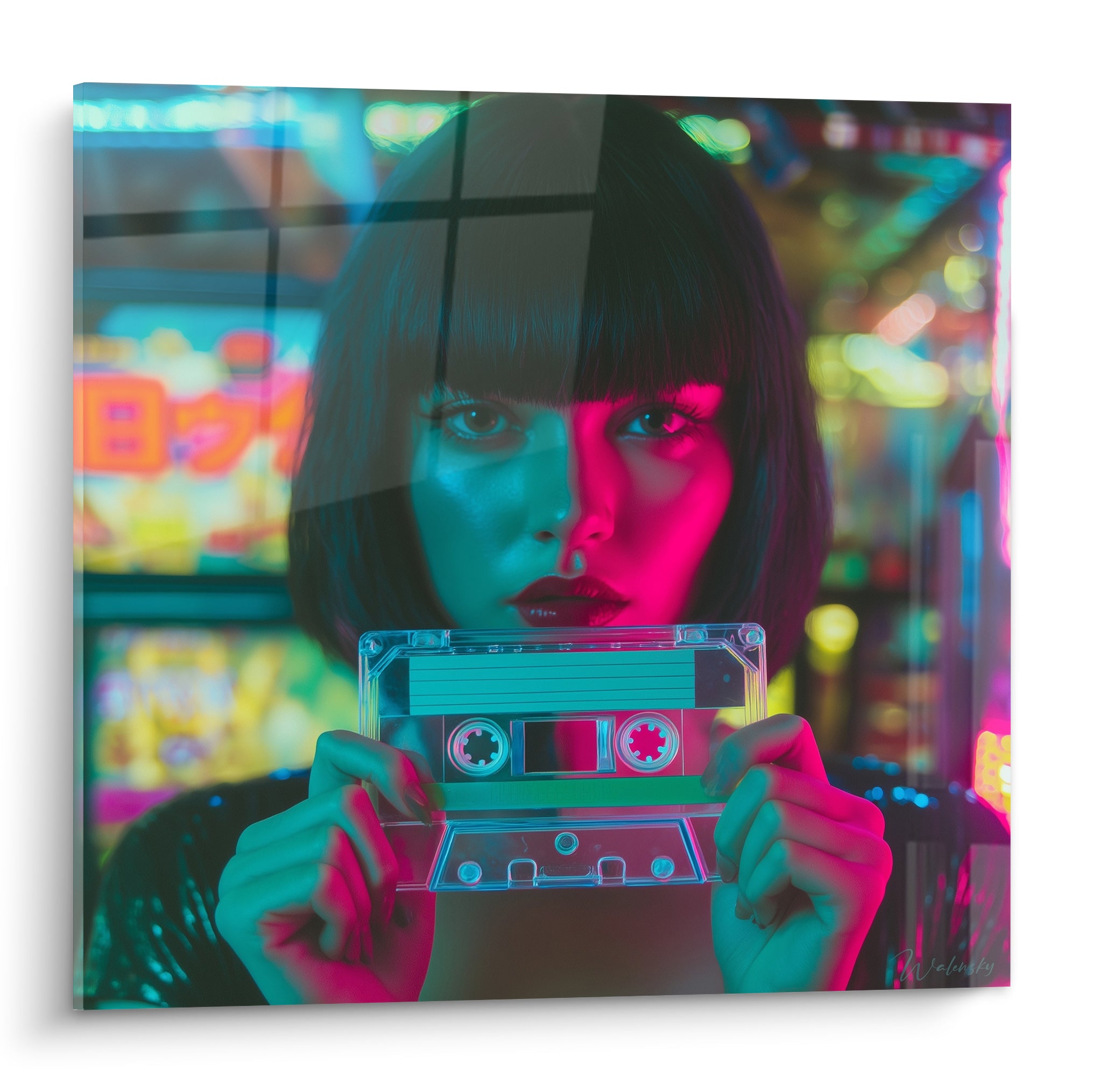 Femme au carré sombre tient une cassette turquoise et rose fuchsia, tableau cyberpunk urbain nocturne