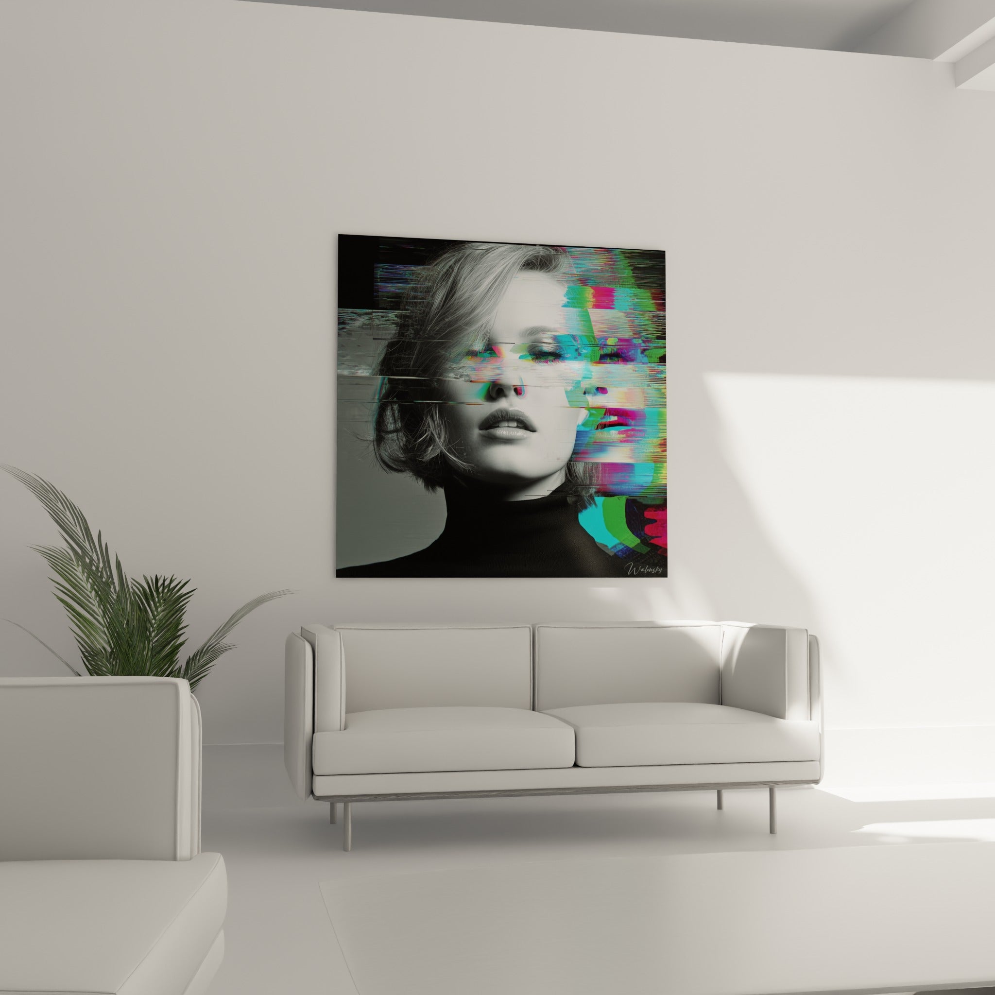 Femme aux yeux clos traversée de couleurs vives, tableau Cyberpunk au-dessus d'un canapé dans un salon lumineux